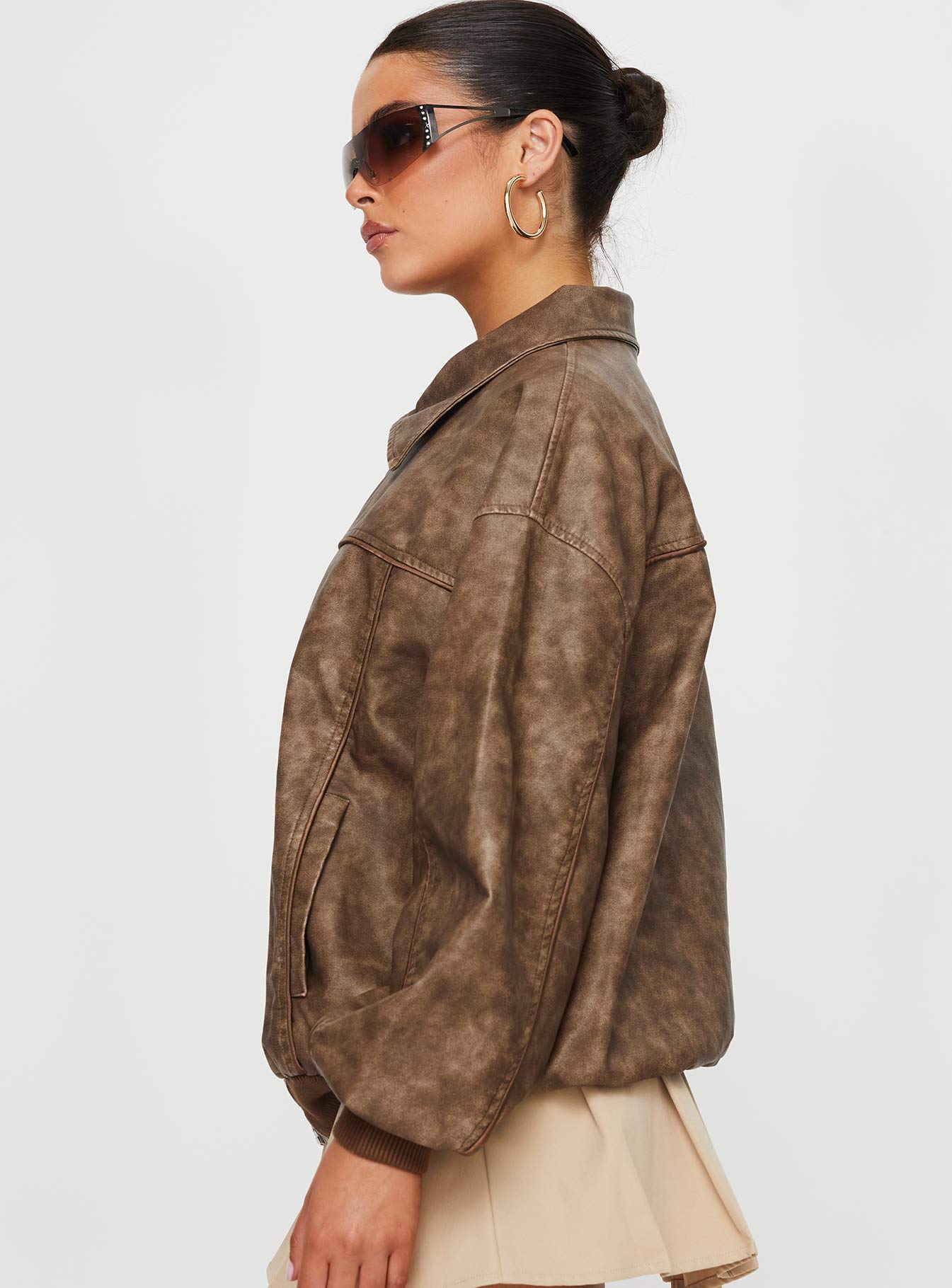 Goldsmith Faux Leather Bomber Jacket Washed Brown-Oh Mollys