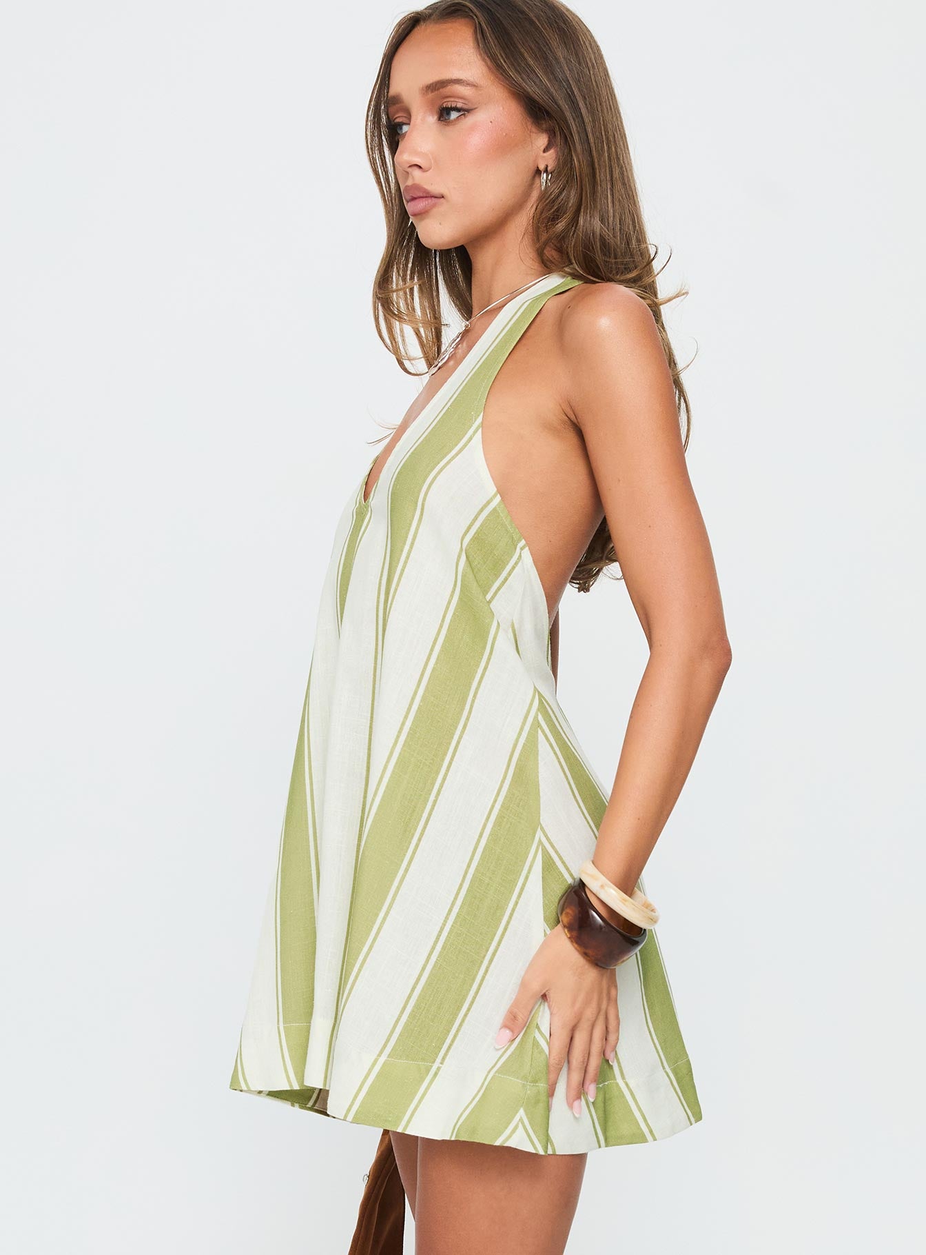 Khaia Halter Mini Dress Green / Cream Stripe-Oh Mollys