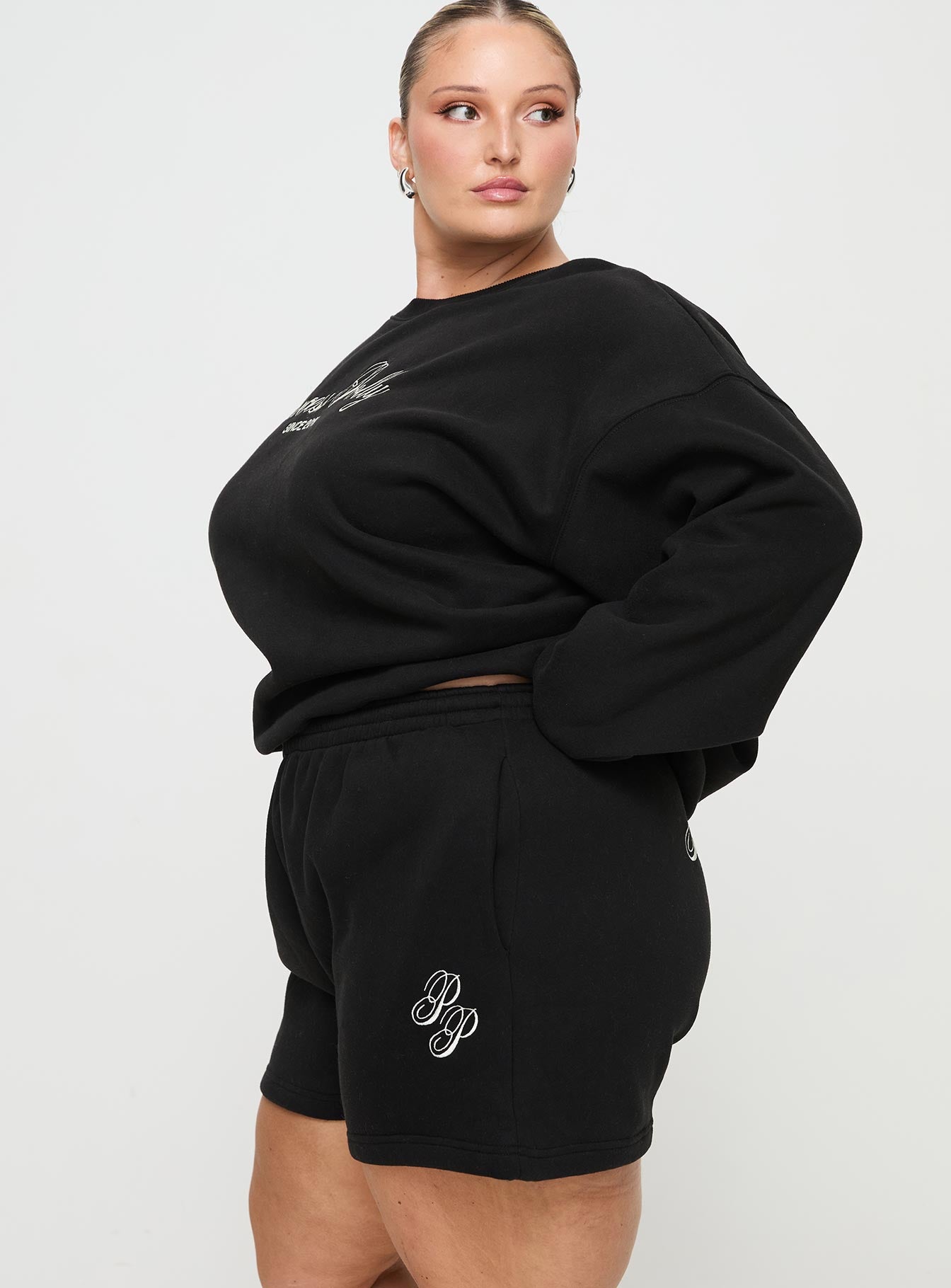 Oh Mollys Track Shorts Cursive Text Black Sand Curve-Oh Mollys