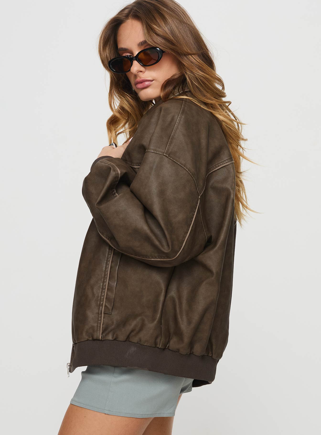 Goldsmith Faux Leather Bomber Jacket Washed Dark Brown-Oh Mollys