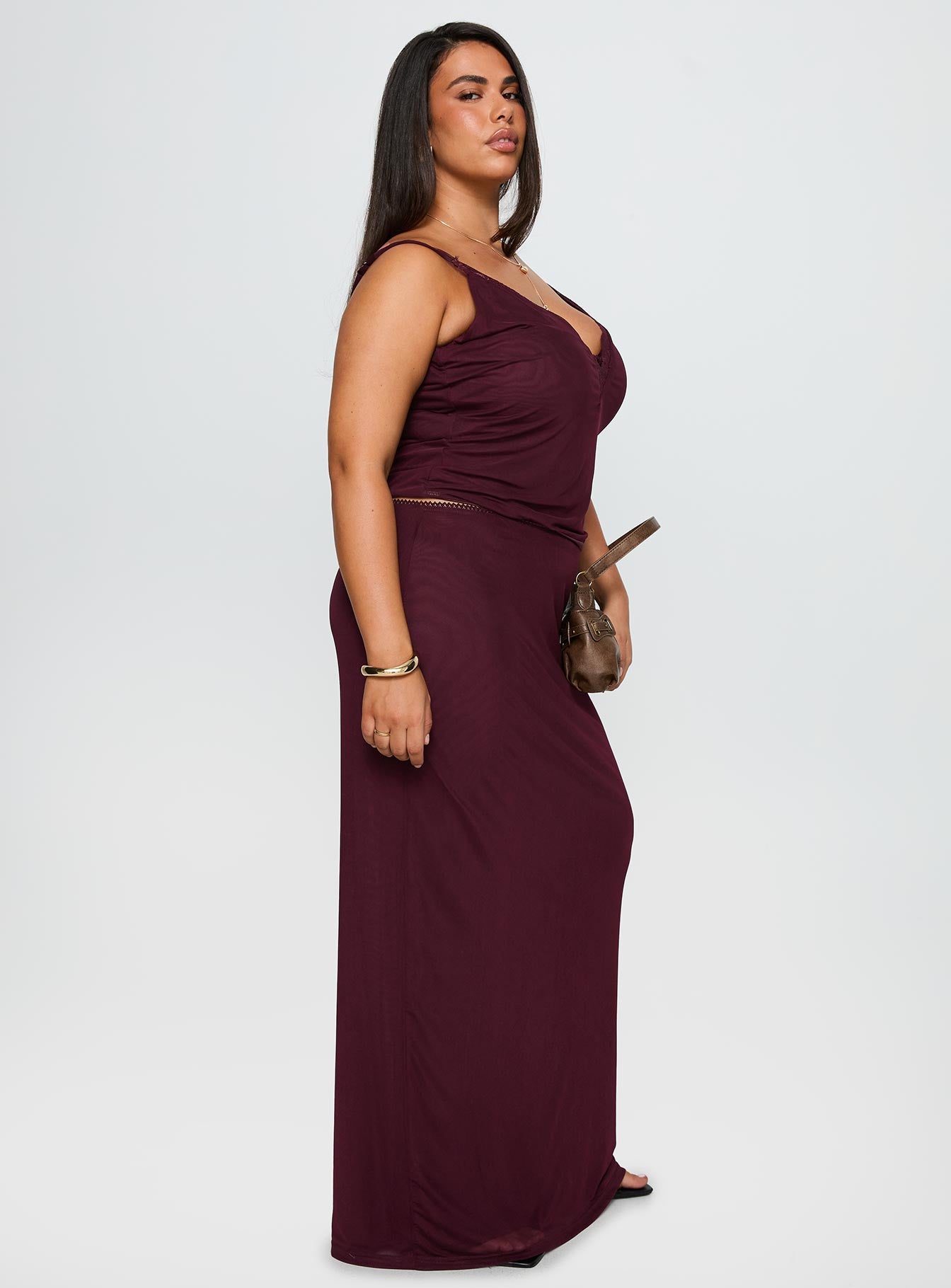 Reiko Lace Trim Tie Front Maxi Set Burgundy Curve-Oh Mollys