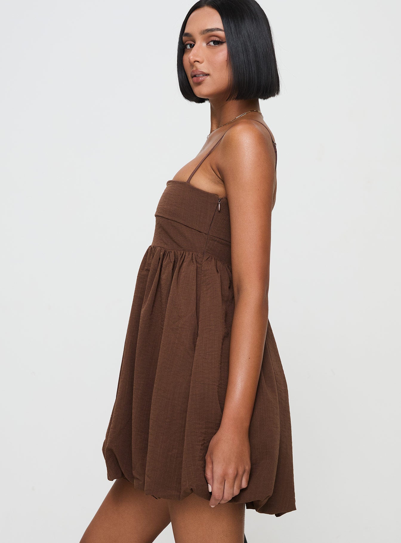 Layken Bubble Hem Mini Dress Chocolate-Oh Mollys
