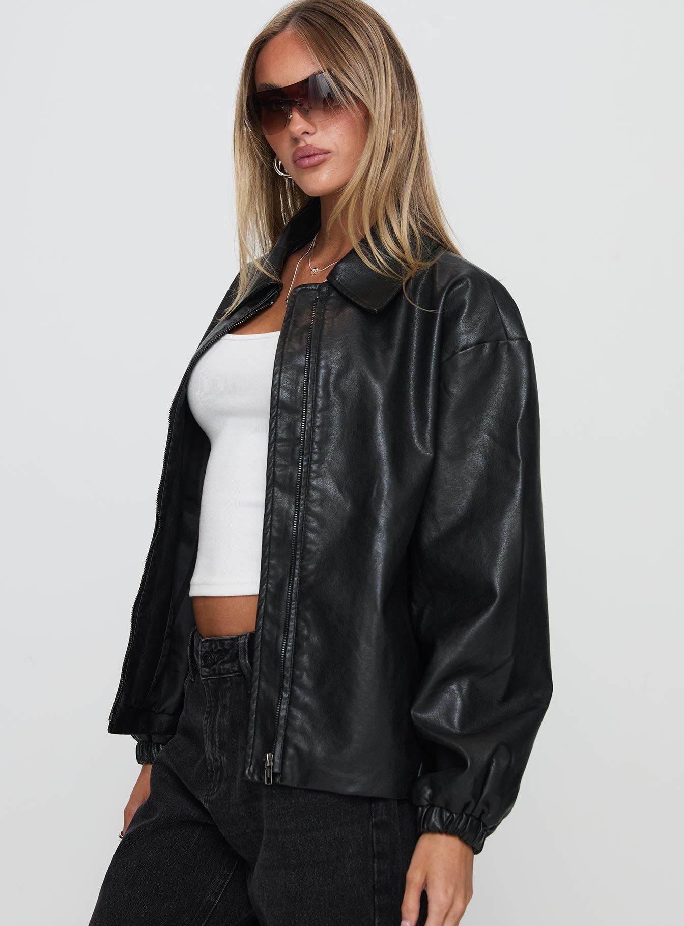 Missed Call Faux Leather Bomber Jacket Black-Oh Mollys