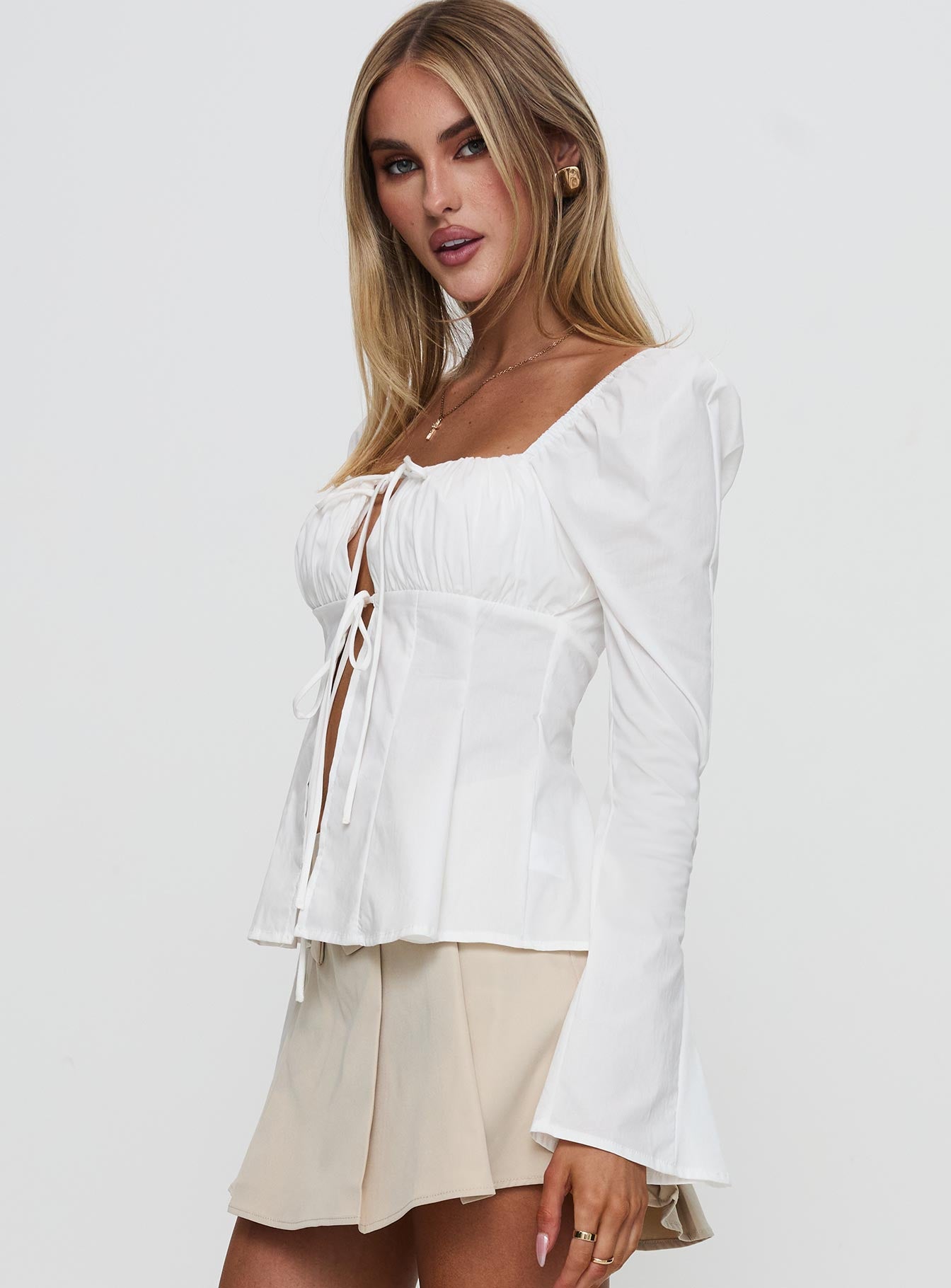 Lilibette Tie Up Long Sleeve Top White-Oh Mollys