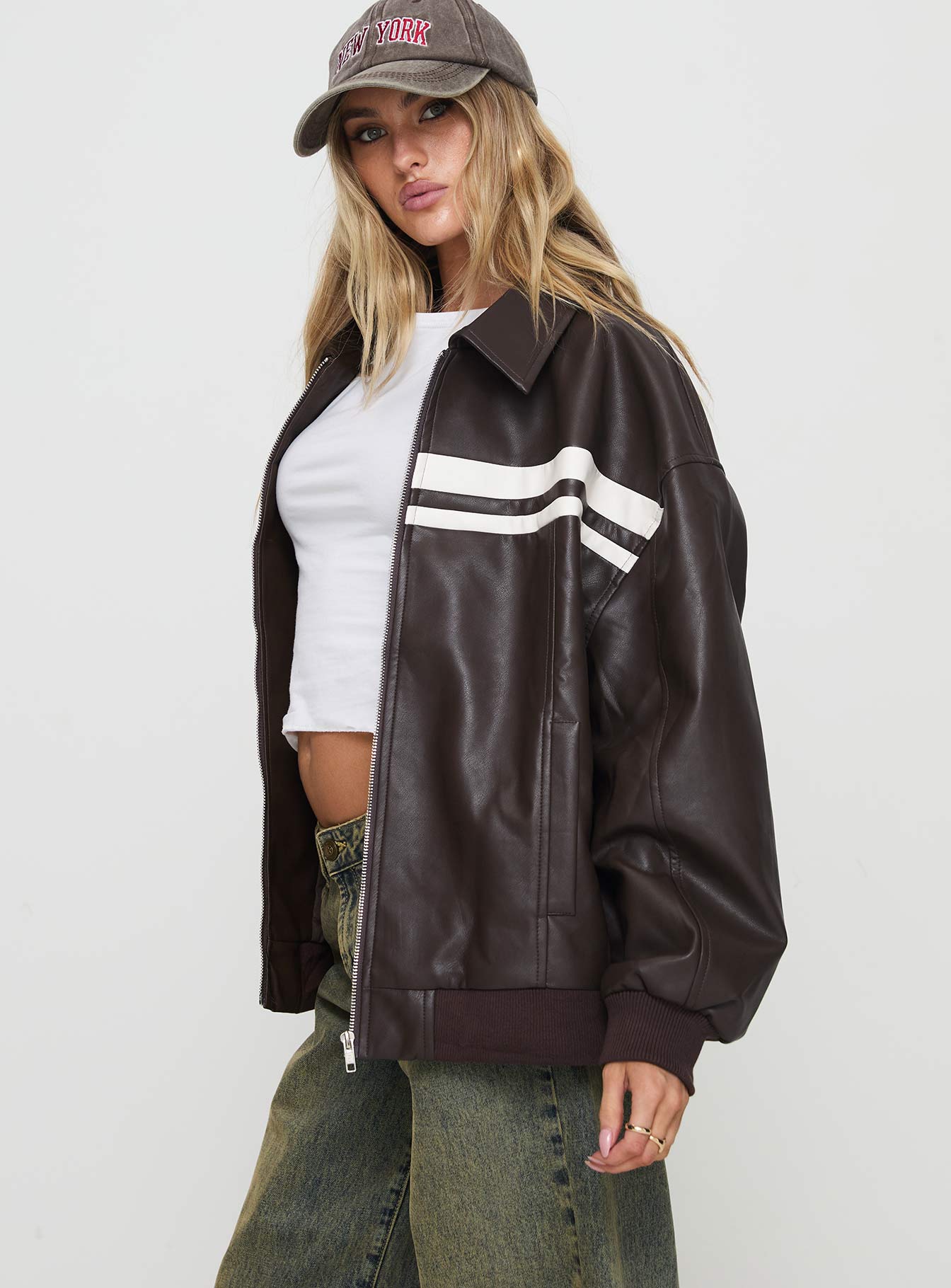Goldsmith Faux Leather Bomber Jacket Chocolate / White-Oh Mollys