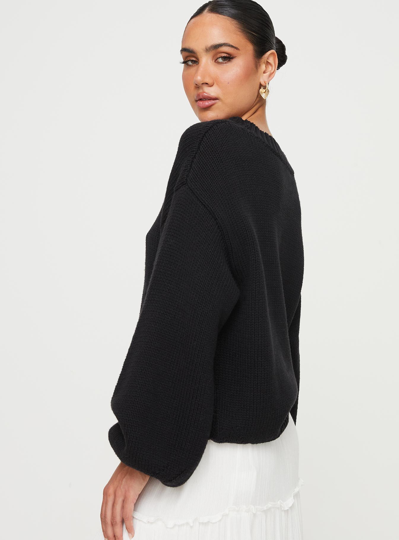 Harmony Balloon Sleeve Knit Sweater Black-Oh Mollys