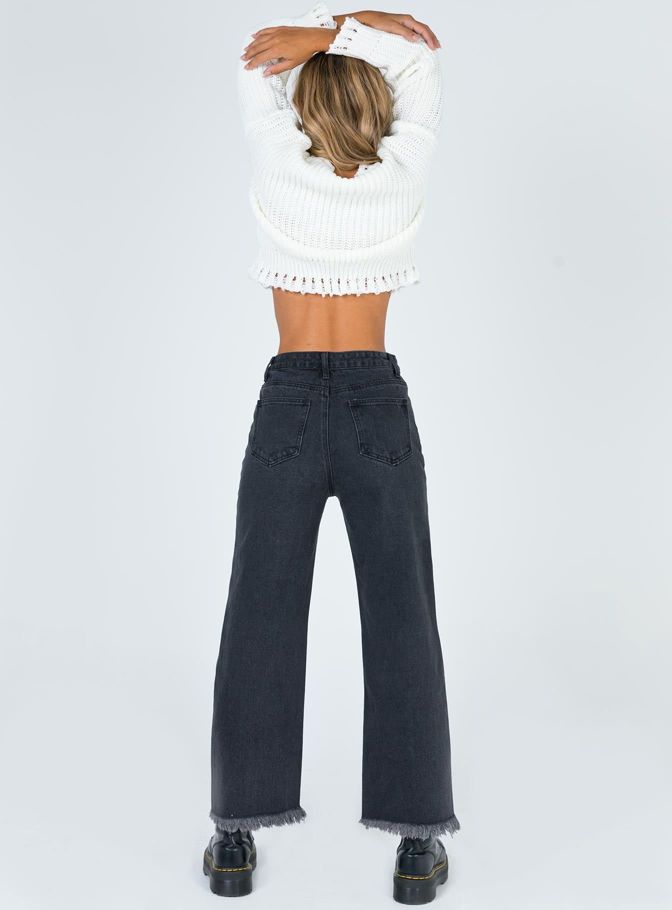 Cece Hammer Wide Leg Knee Rip Jeans Black Denim-Oh Mollys