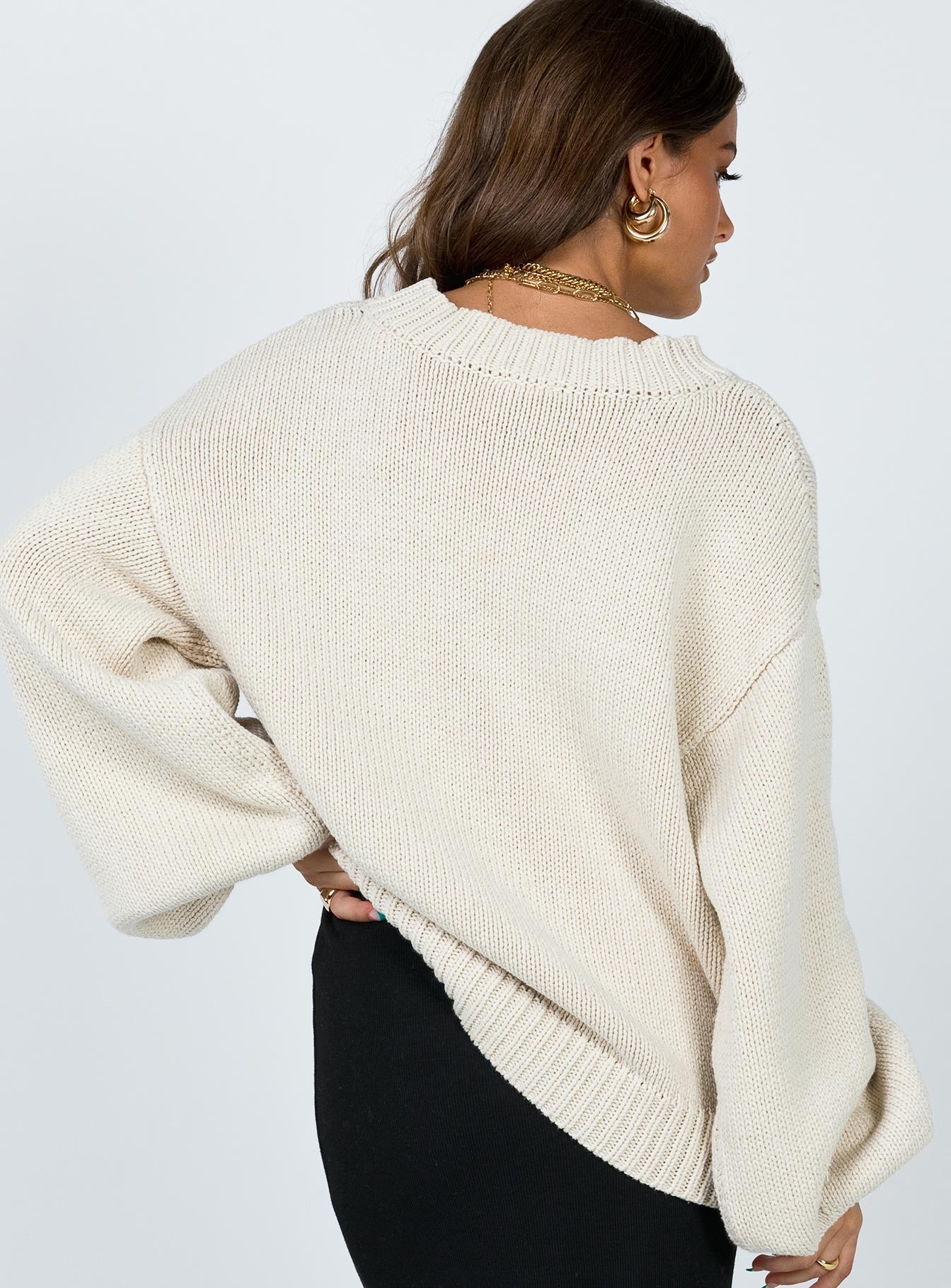 Harmony Balloon Sleeve Knit Sweater Beige-Oh Mollys