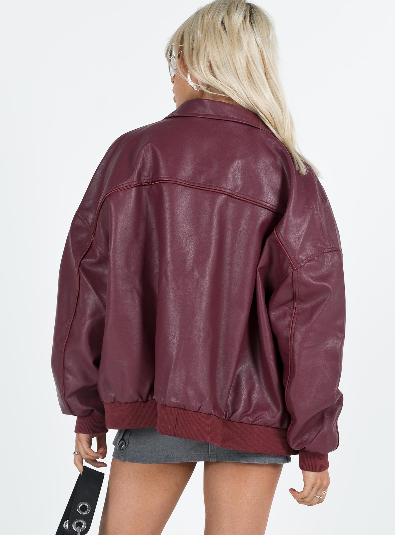 Goldsmith Faux Leather Bomber Jacket Burgundy-Oh Mollys
