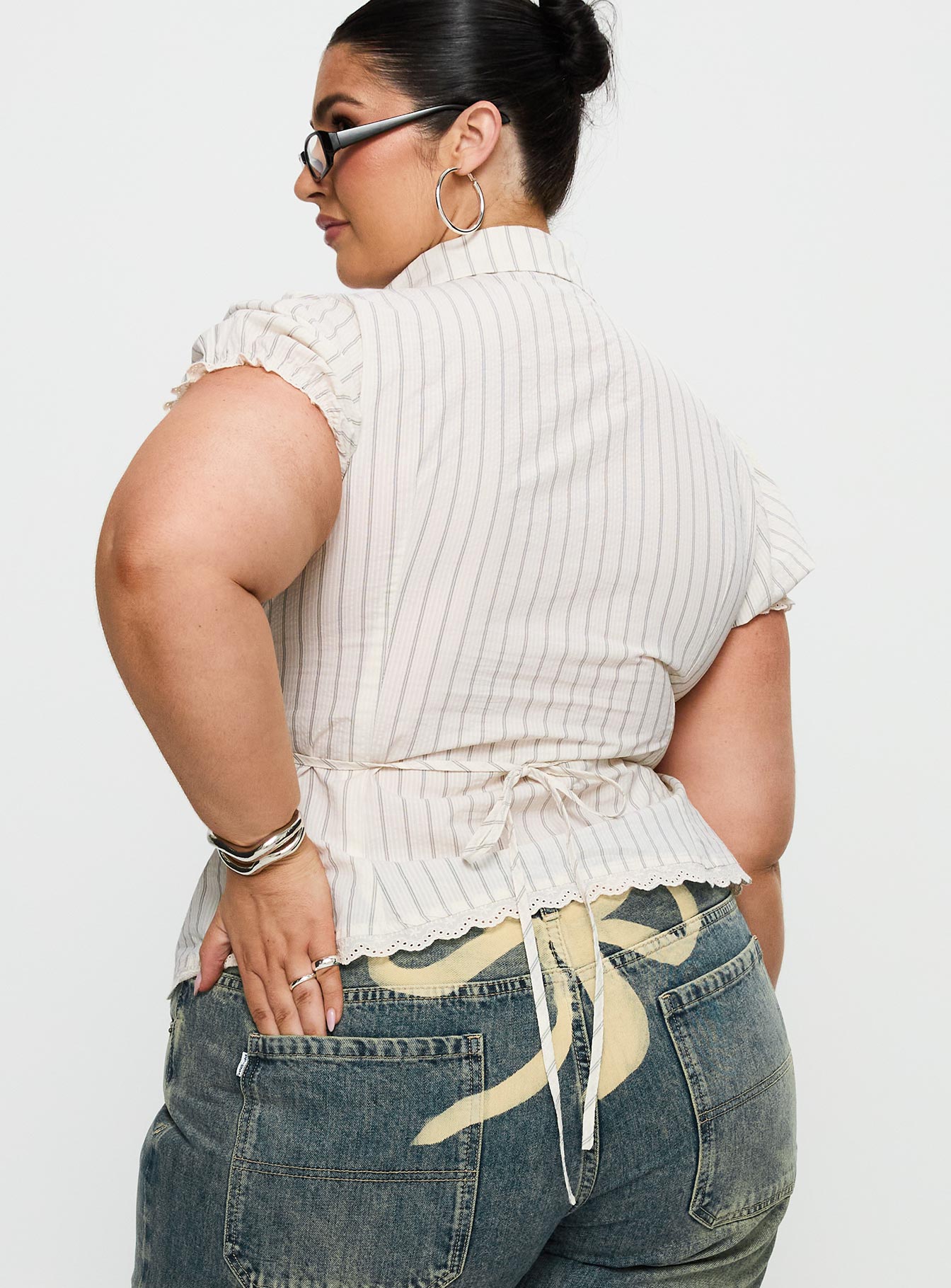 Deserve You Puff Sleeve Button Front Top Cream Stripe Curve-Oh Mollys