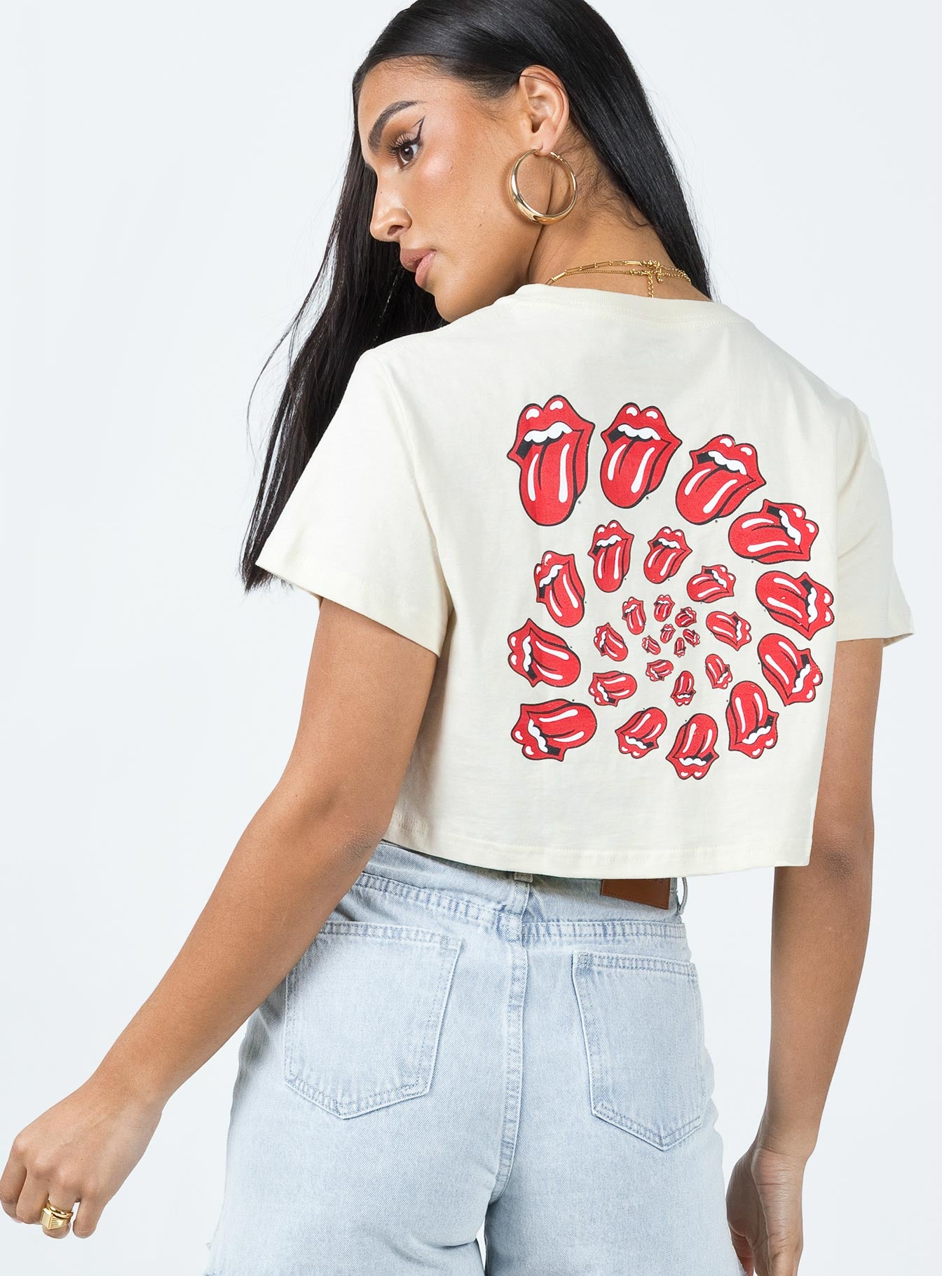Rolling Stones Many Tongues Crop Tee Beige-Oh Mollys