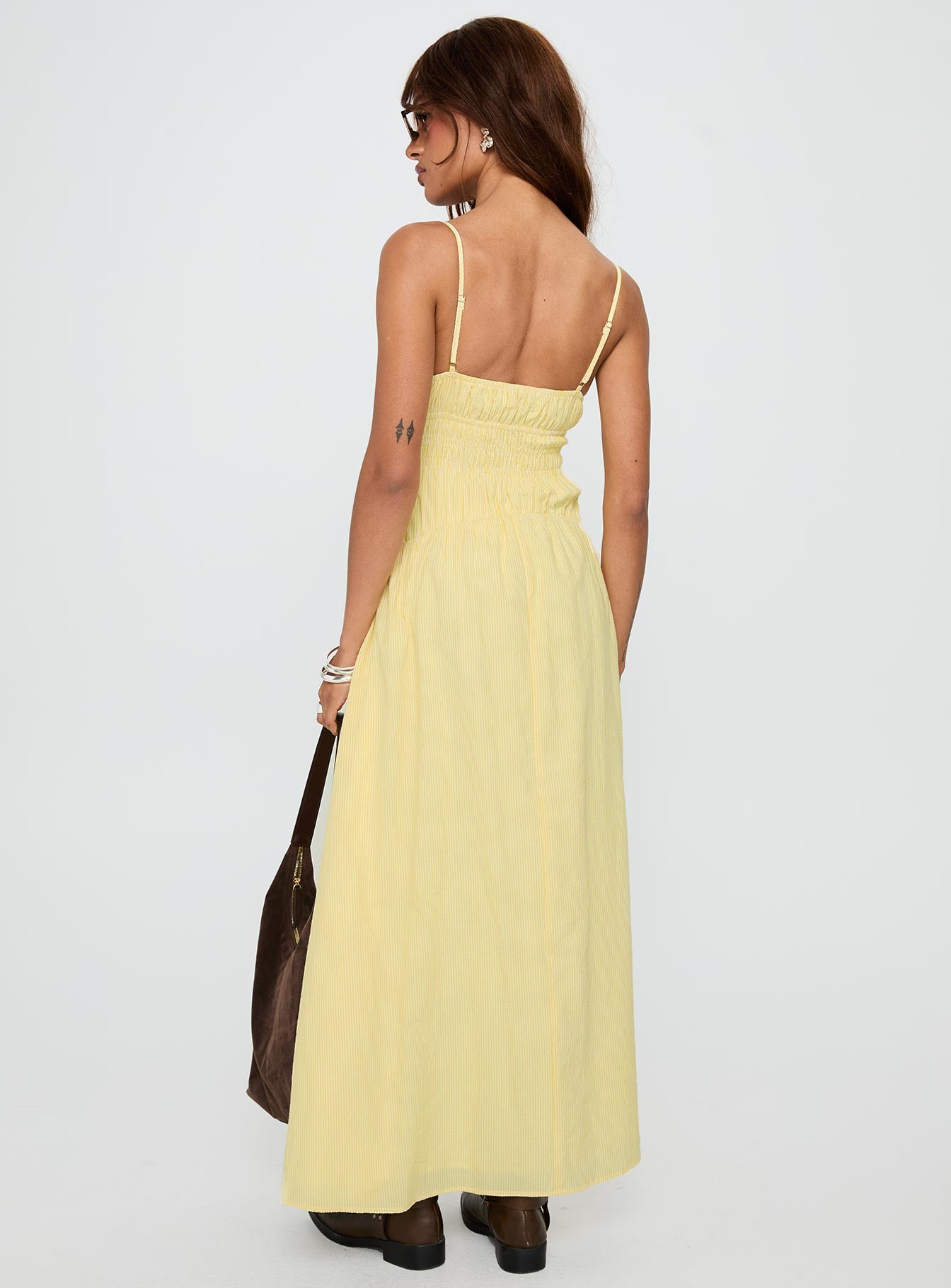 Magnolie Shirred Maxi Dress Yellow Stripe-Oh Mollys