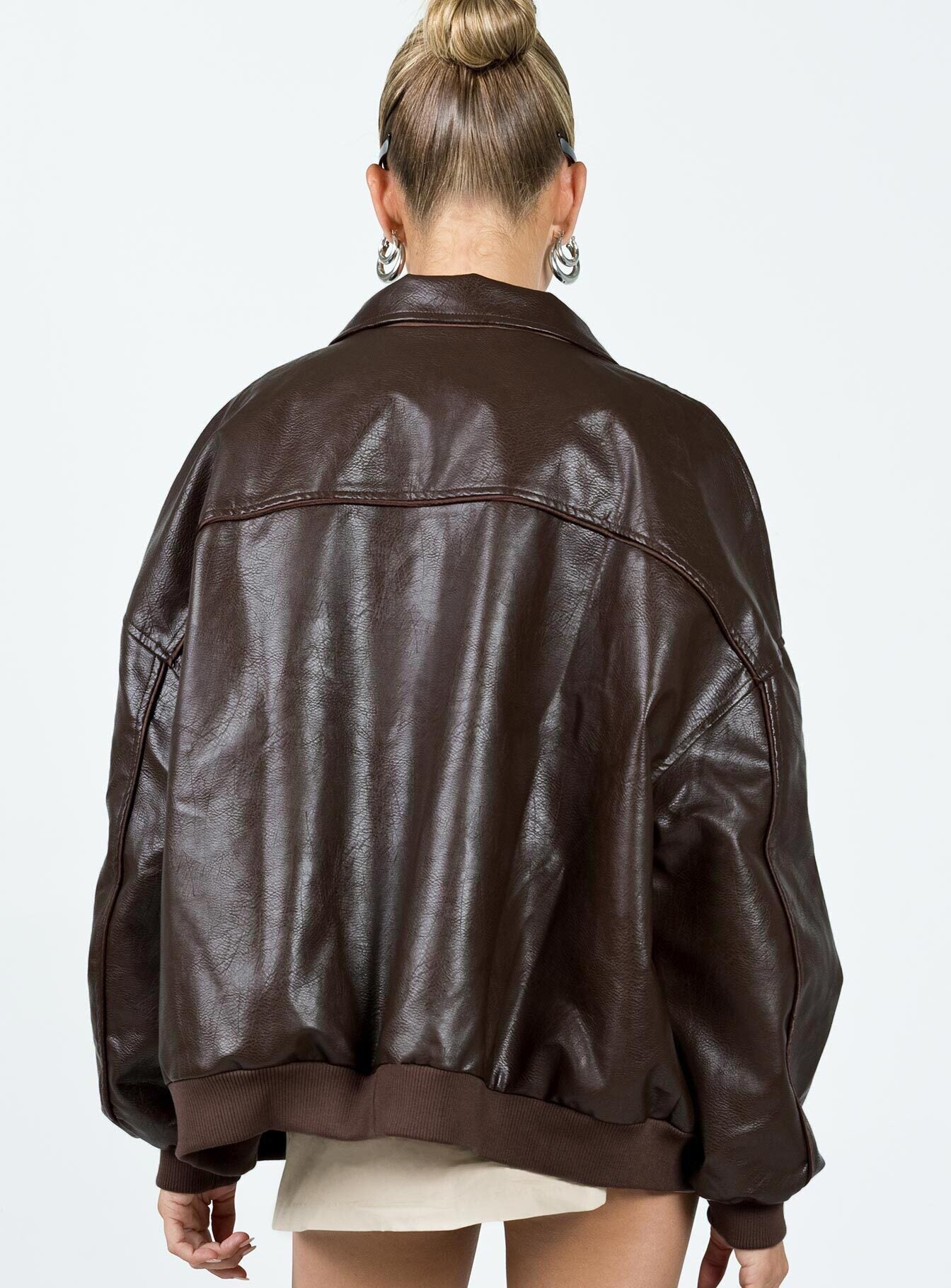 Goldsmith Faux Leather Bomber Jacket Brown-Oh Mollys