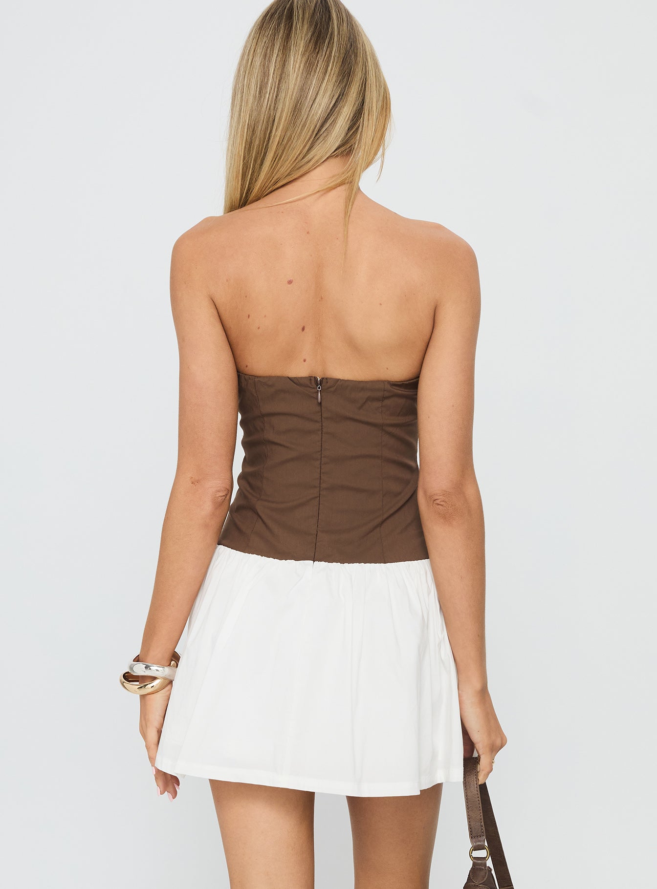 Sicialia Strapless Mini Dress Brown / White-Oh Mollys