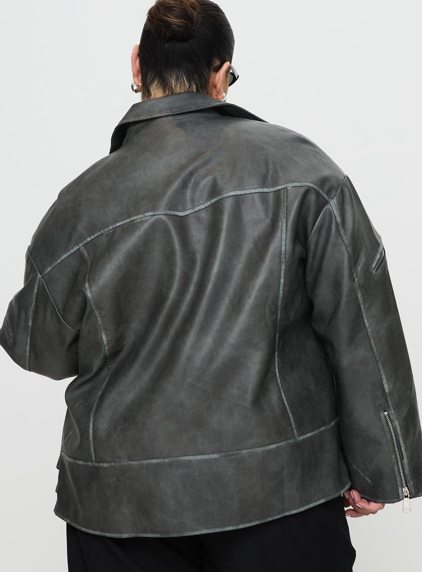 Magnets Faux Leather Jacket Washed Charcoal Curve-Oh Mollys