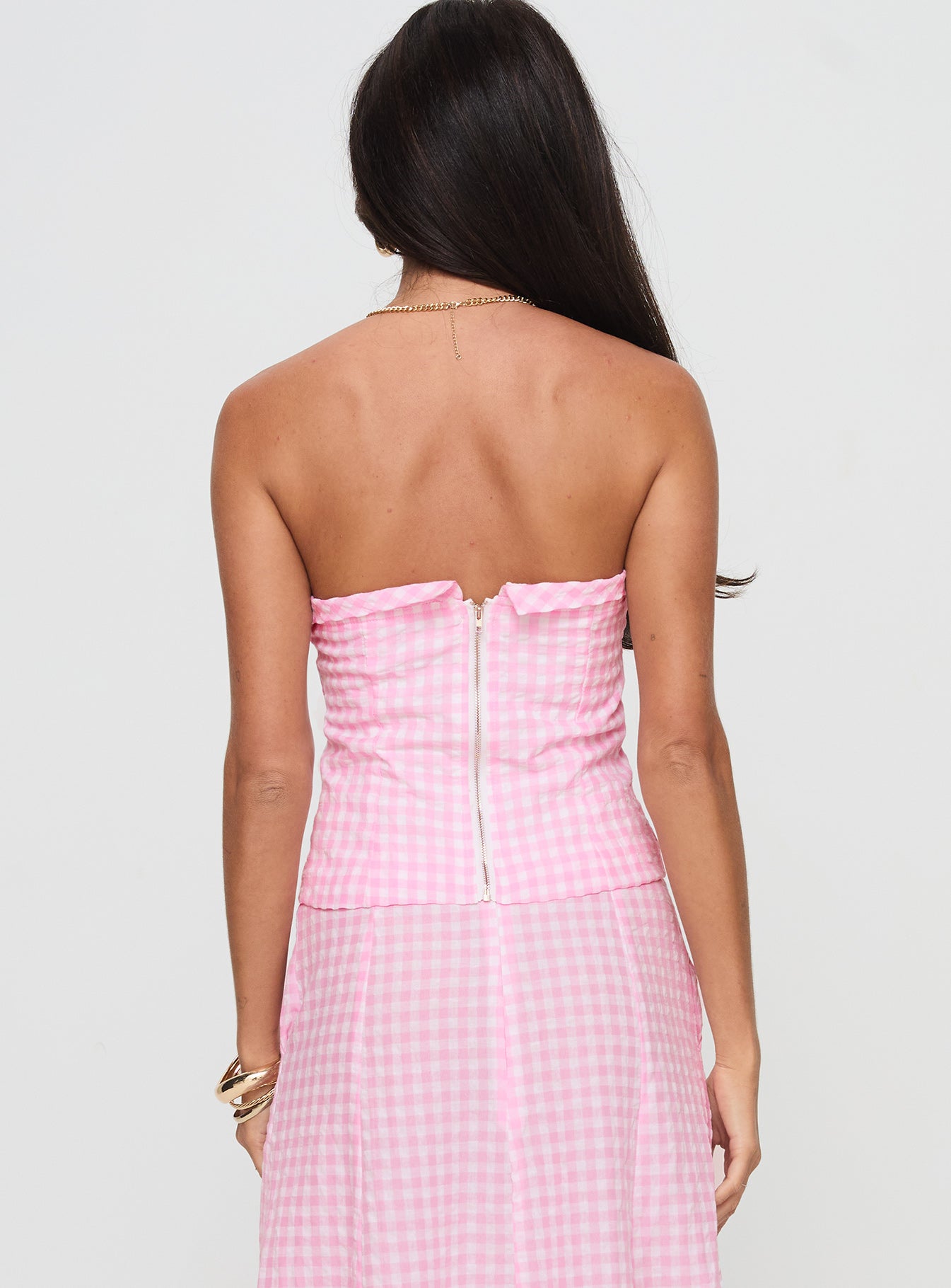 Carmino Strapless Top Pink Check-Oh Mollys