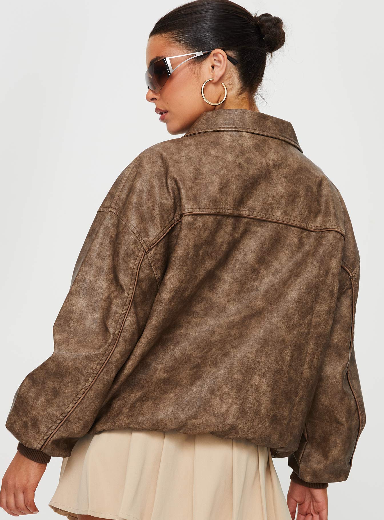 Goldsmith Faux Leather Bomber Jacket Washed Brown-Oh Mollys