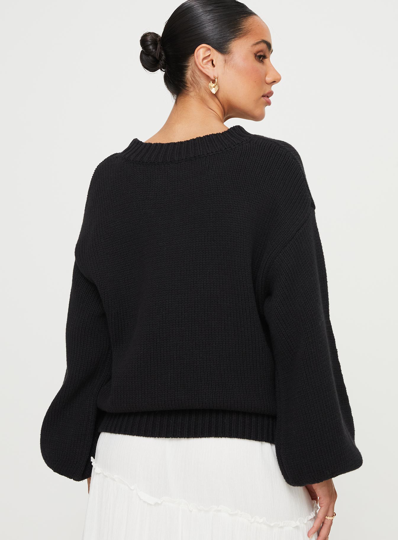 Harmony Balloon Sleeve Knit Sweater Black-Oh Mollys