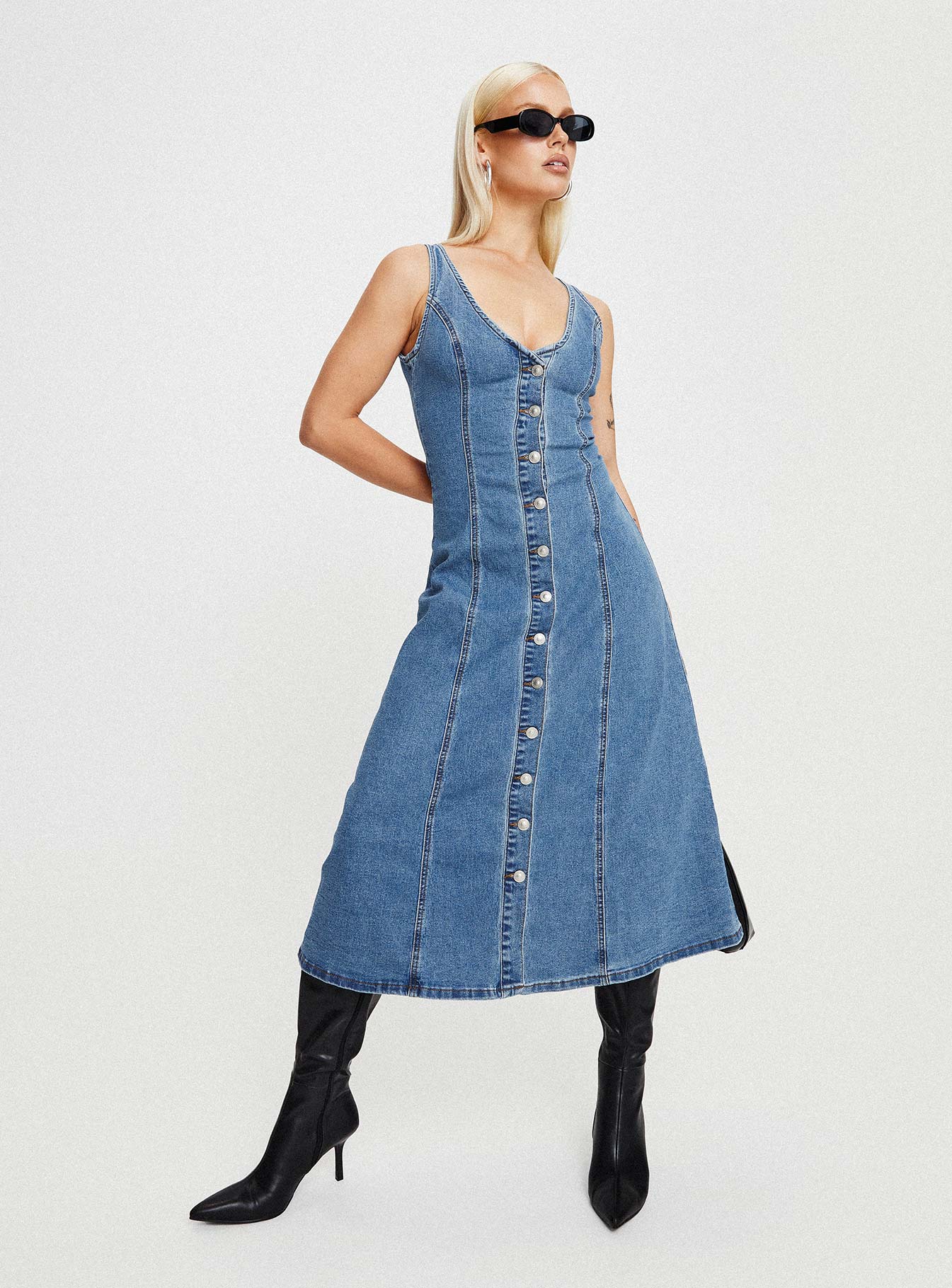 Midler Denim Midi Dress Mid Blue-Oh Mollys