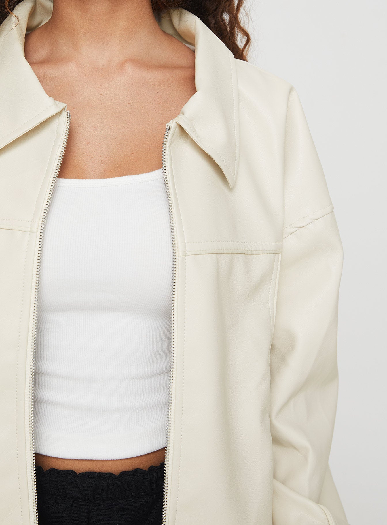 Goldsmith Faux Leather Bomber Jacket Cream-Oh Mollys