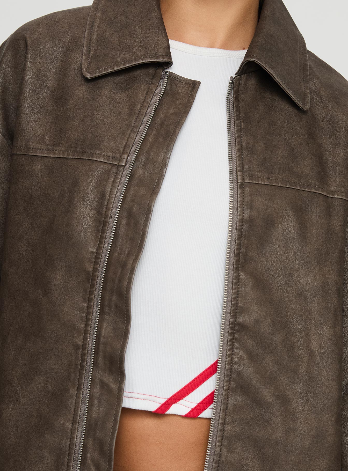 Faux Leather Collared Dad Jacket Washed Brown-Oh Mollys