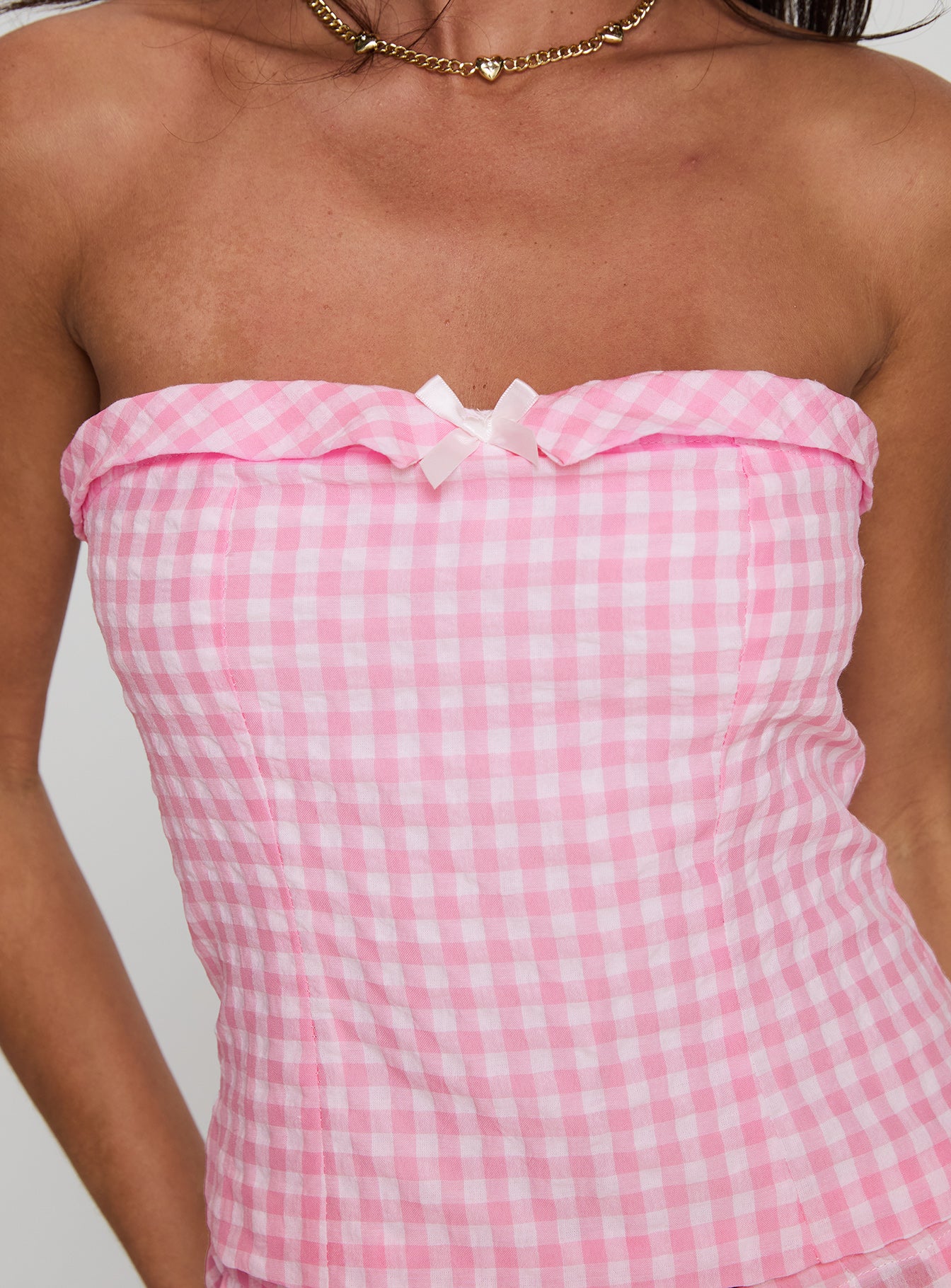 Carmino Strapless Top Pink Check-Oh Mollys