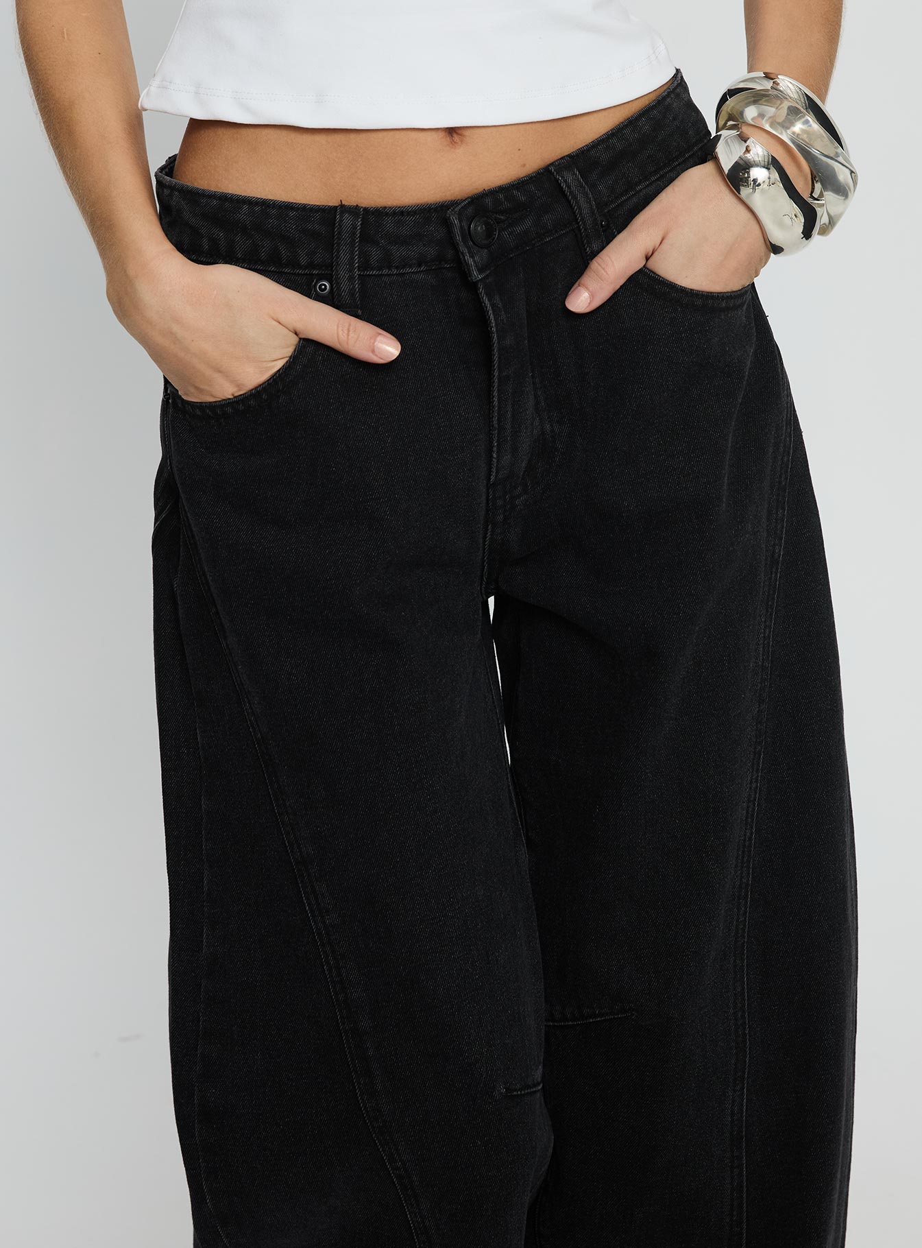 Lost Track Mid Rise Barrel Leg Jeans Washed Black-Oh Mollys