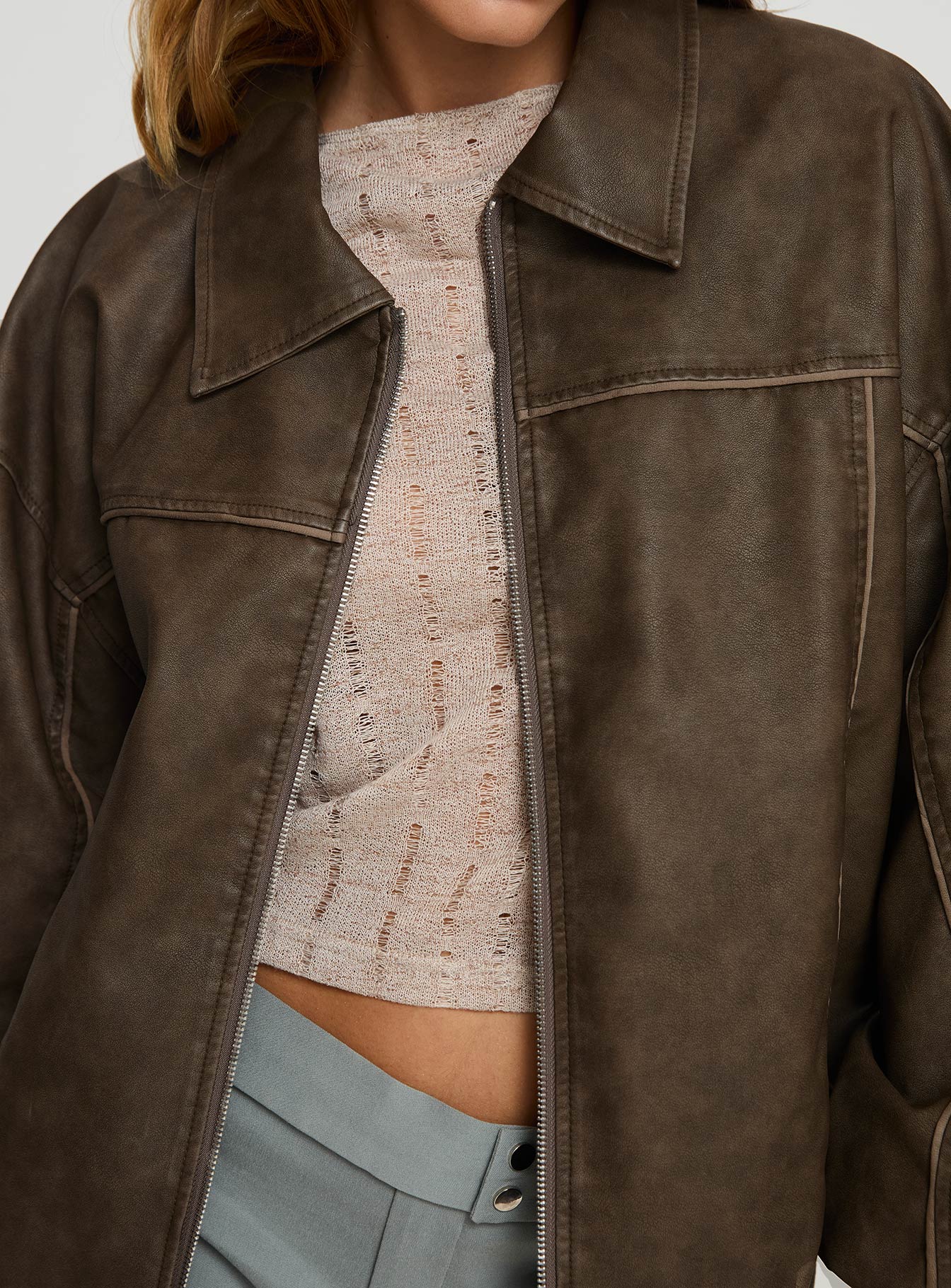 Goldsmith Faux Leather Bomber Jacket Washed Dark Brown-Oh Mollys