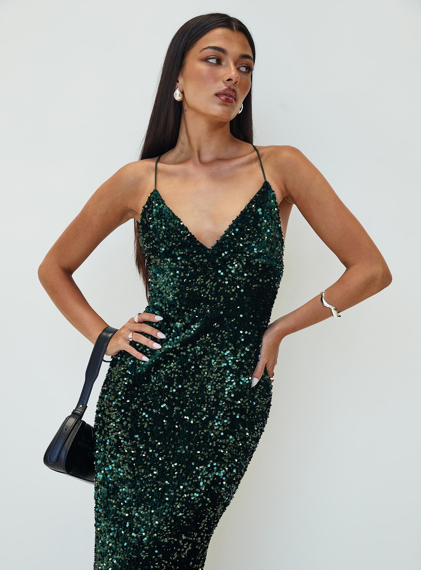 Charlette Sparkle Maxi Dress Dark Green-Oh Mollys