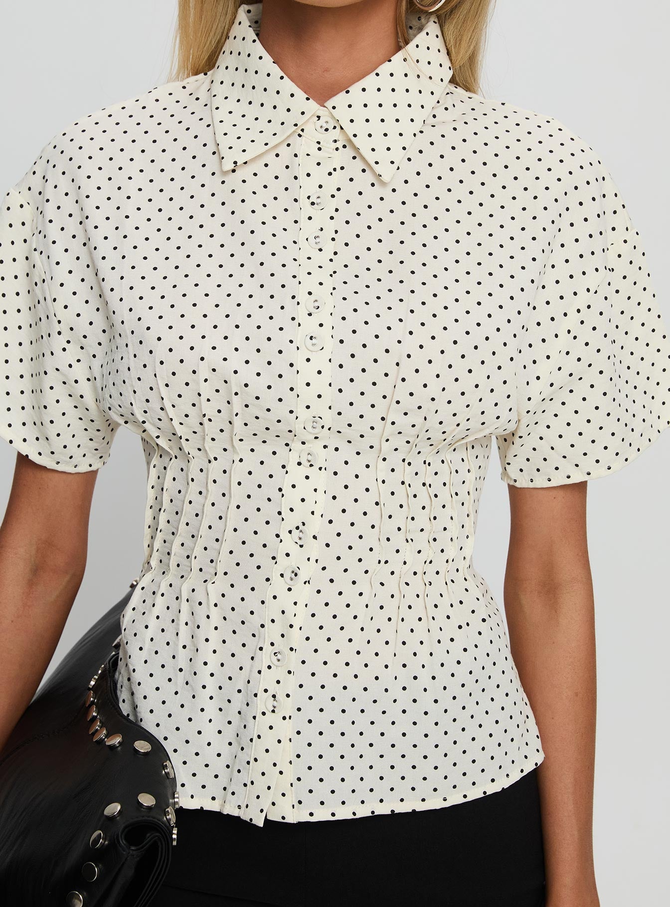 Dannica Cinched Short Sleeve Shirt Cream Polka-Oh Mollys