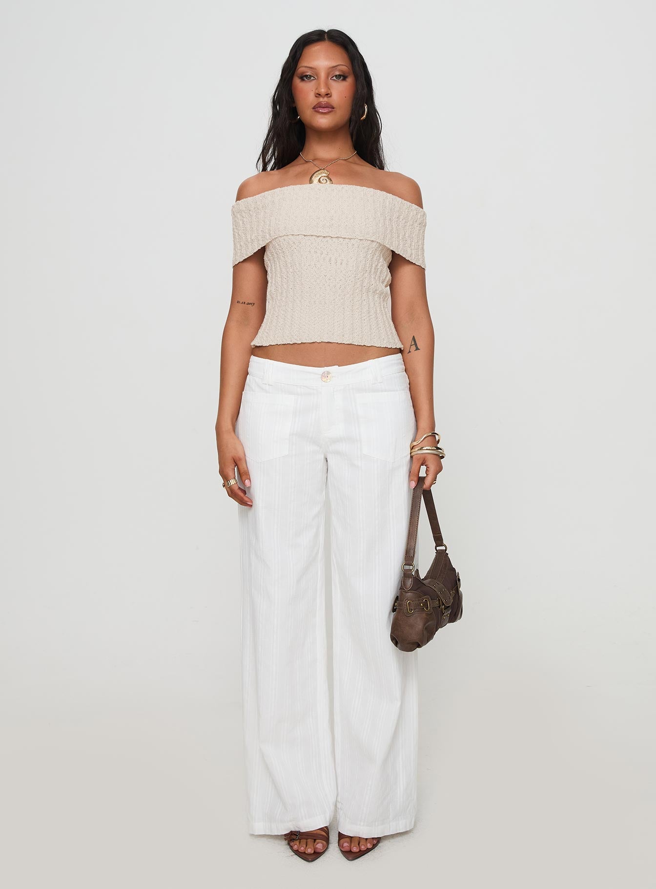 Murmur Off Shoulder Top Beige-Oh Mollys