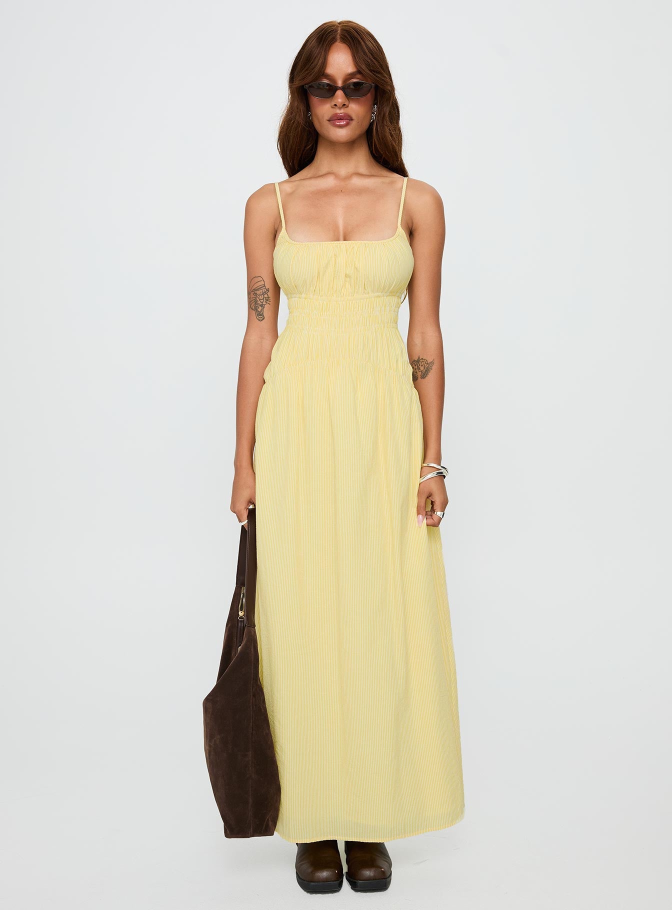 Magnolie Shirred Maxi Dress Yellow Stripe-Oh Mollys