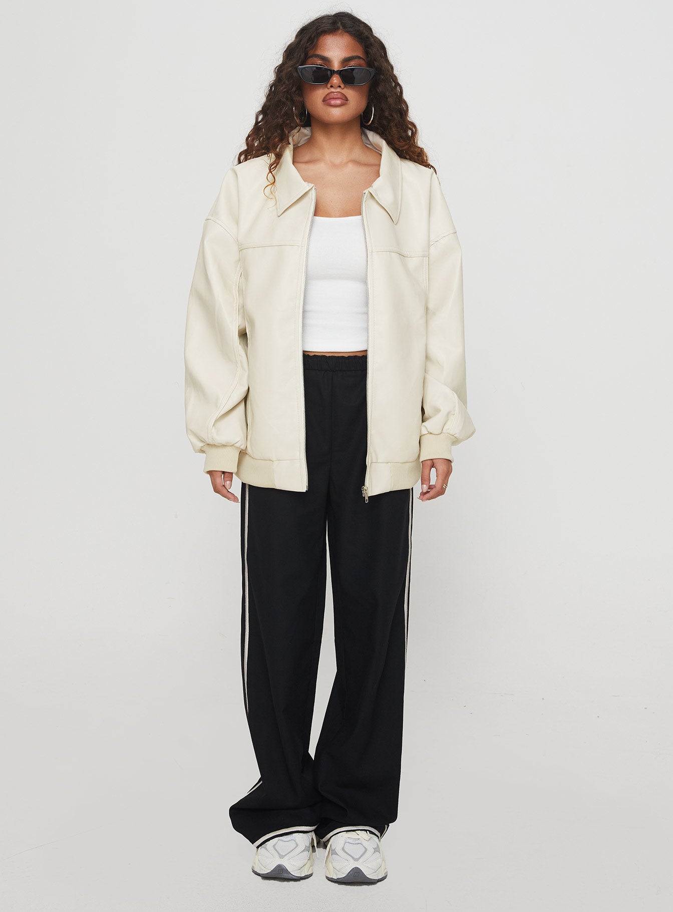 Goldsmith Faux Leather Bomber Jacket Cream-Oh Mollys