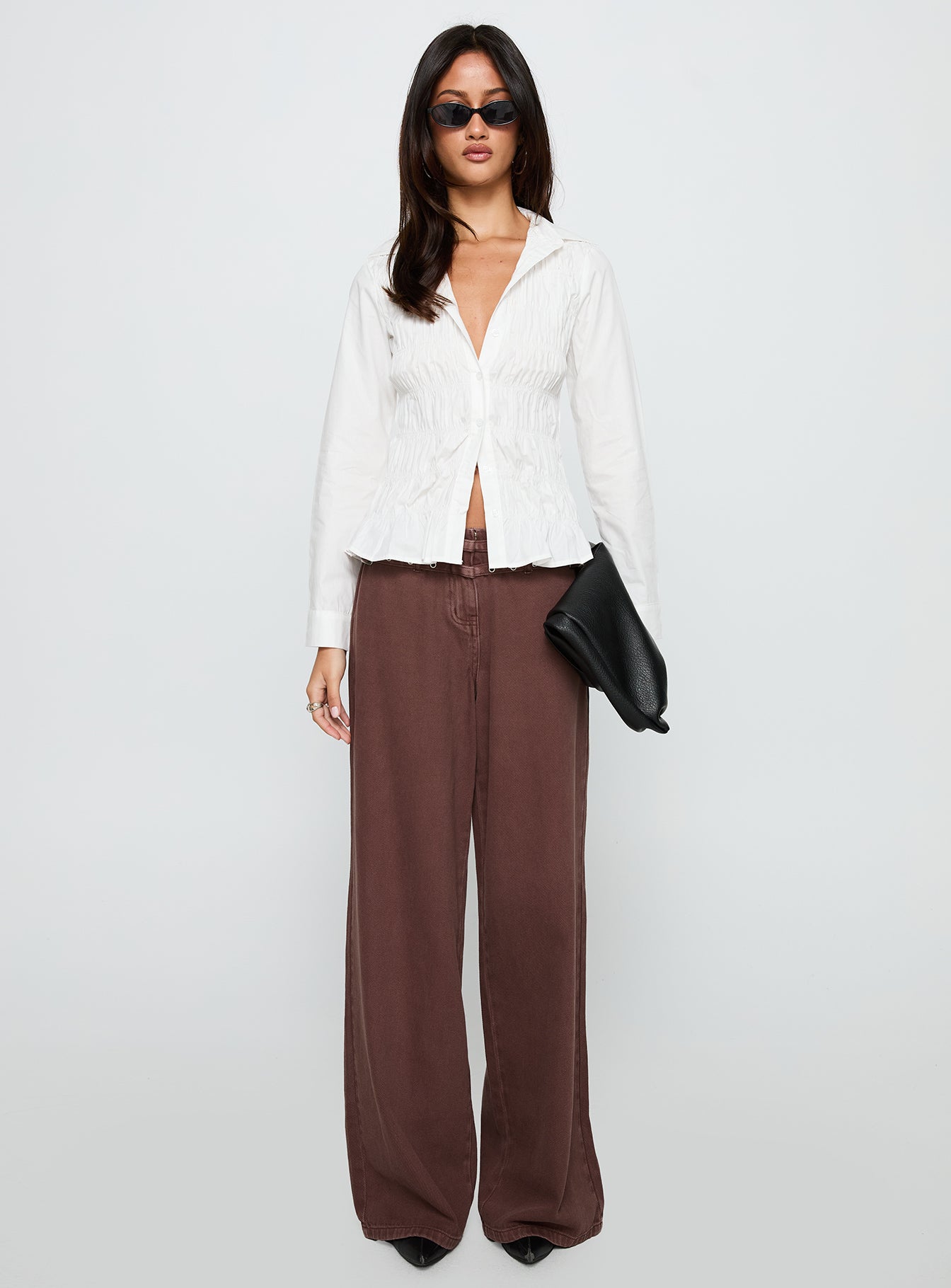 Cultivate Shirred Long Sleeve Top White-Oh Mollys