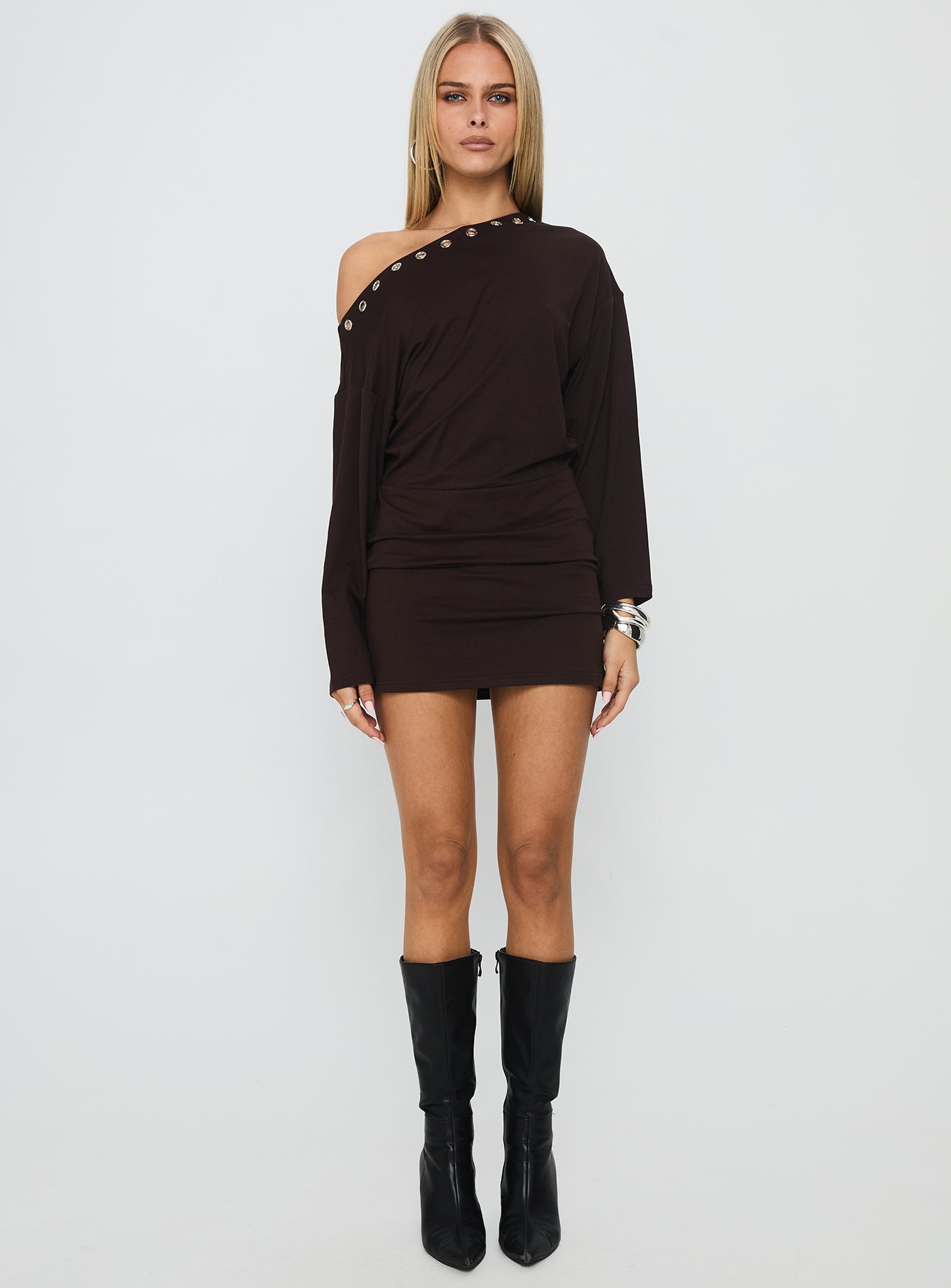 Sakaia Long Sleeve Eyelet Mini Dress Brown-Oh Mollys