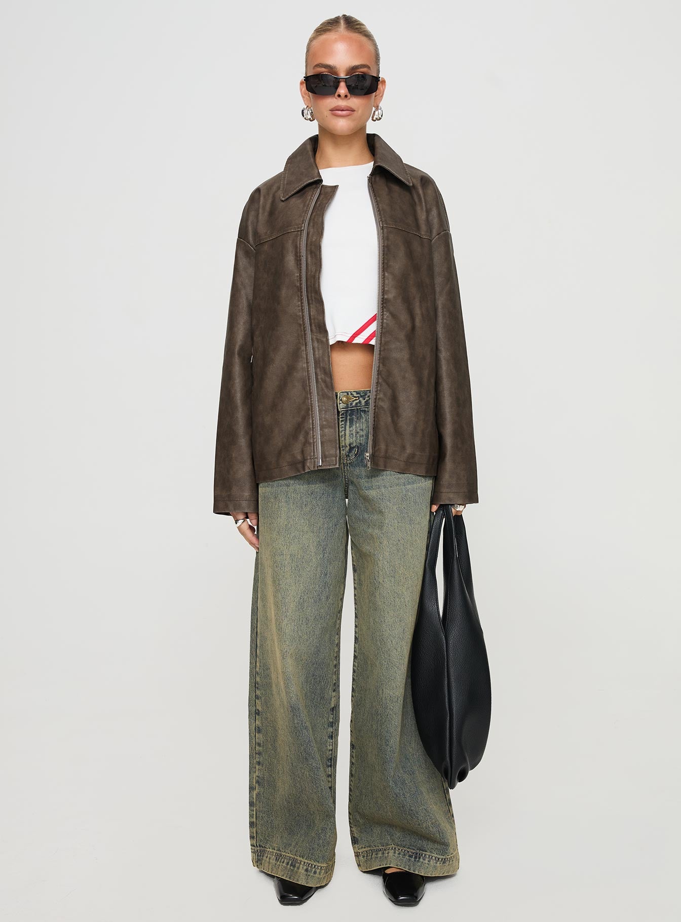 Faux Leather Collared Dad Jacket Washed Brown-Oh Mollys