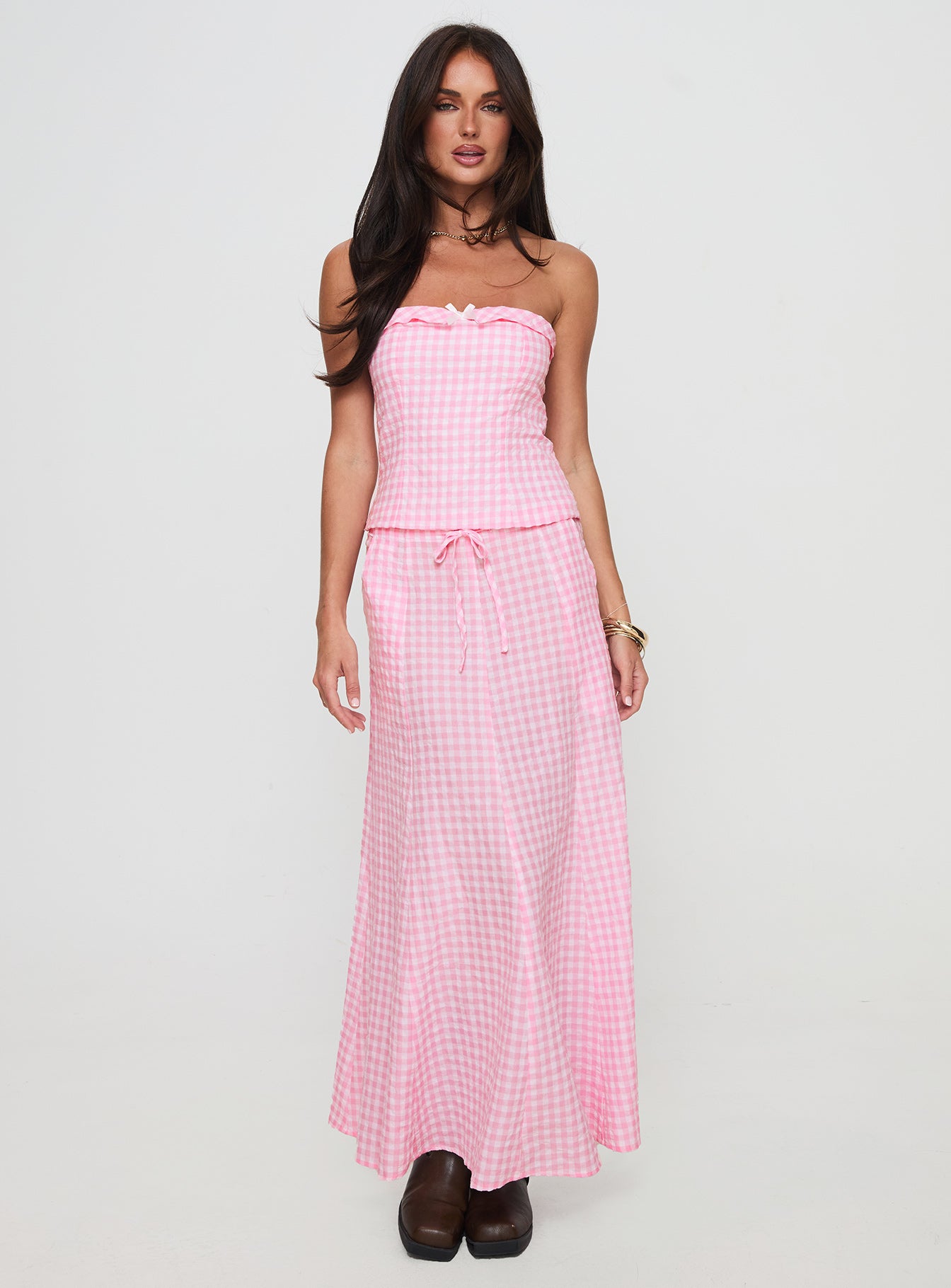 Carmino Strapless Top Pink Check-Oh Mollys