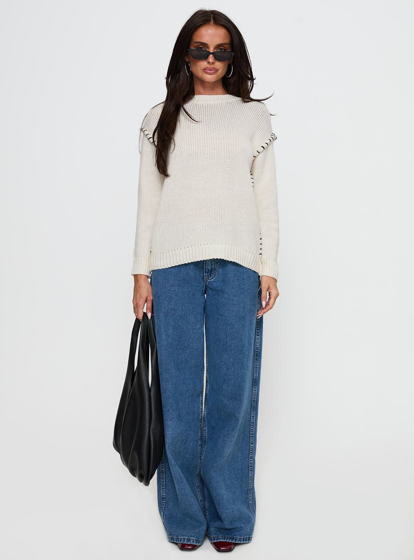 Change The Weather Contrast Stitch Knit Sweater Cream-Oh Mollys