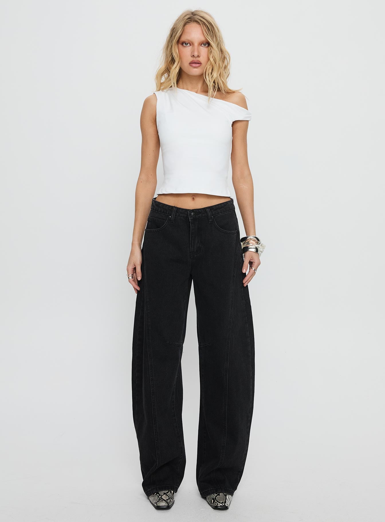 Lost Track Mid Rise Barrel Leg Jeans Washed Black-Oh Mollys