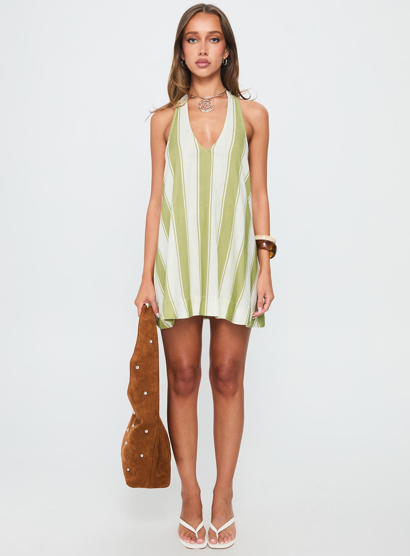 Khaia Halter Mini Dress Green / Cream Stripe-Oh Mollys