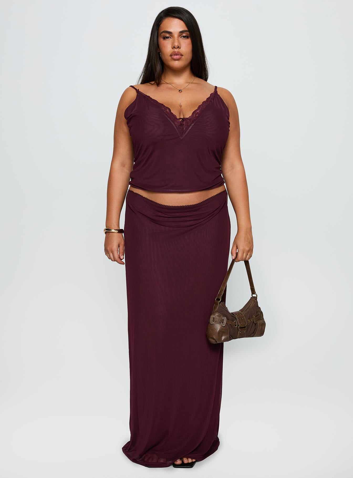 Reiko Lace Trim Tie Front Maxi Set Burgundy Curve-Oh Mollys