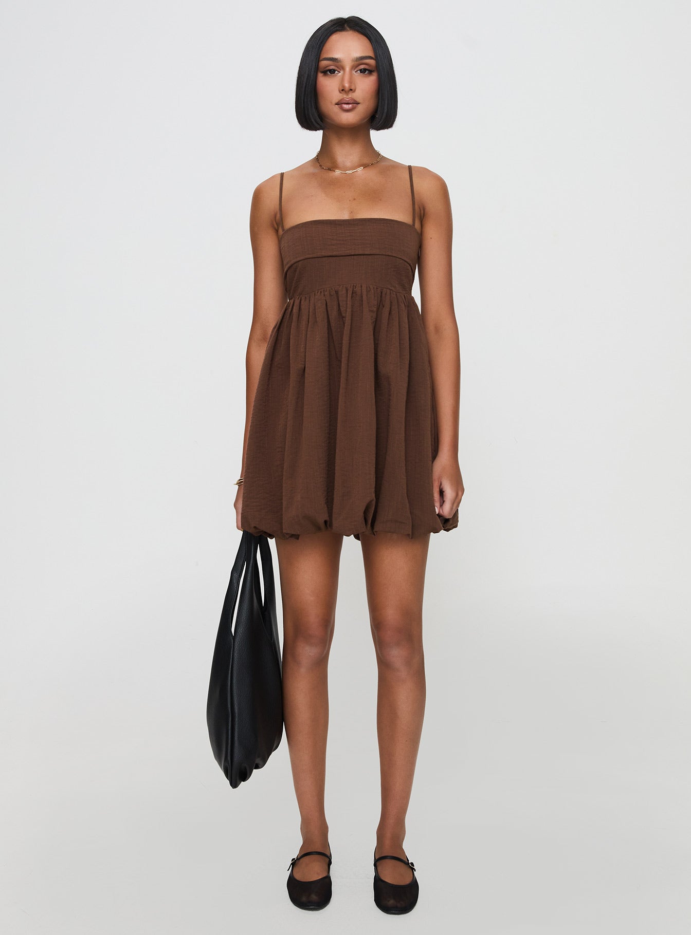 Layken Bubble Hem Mini Dress Chocolate-Oh Mollys
