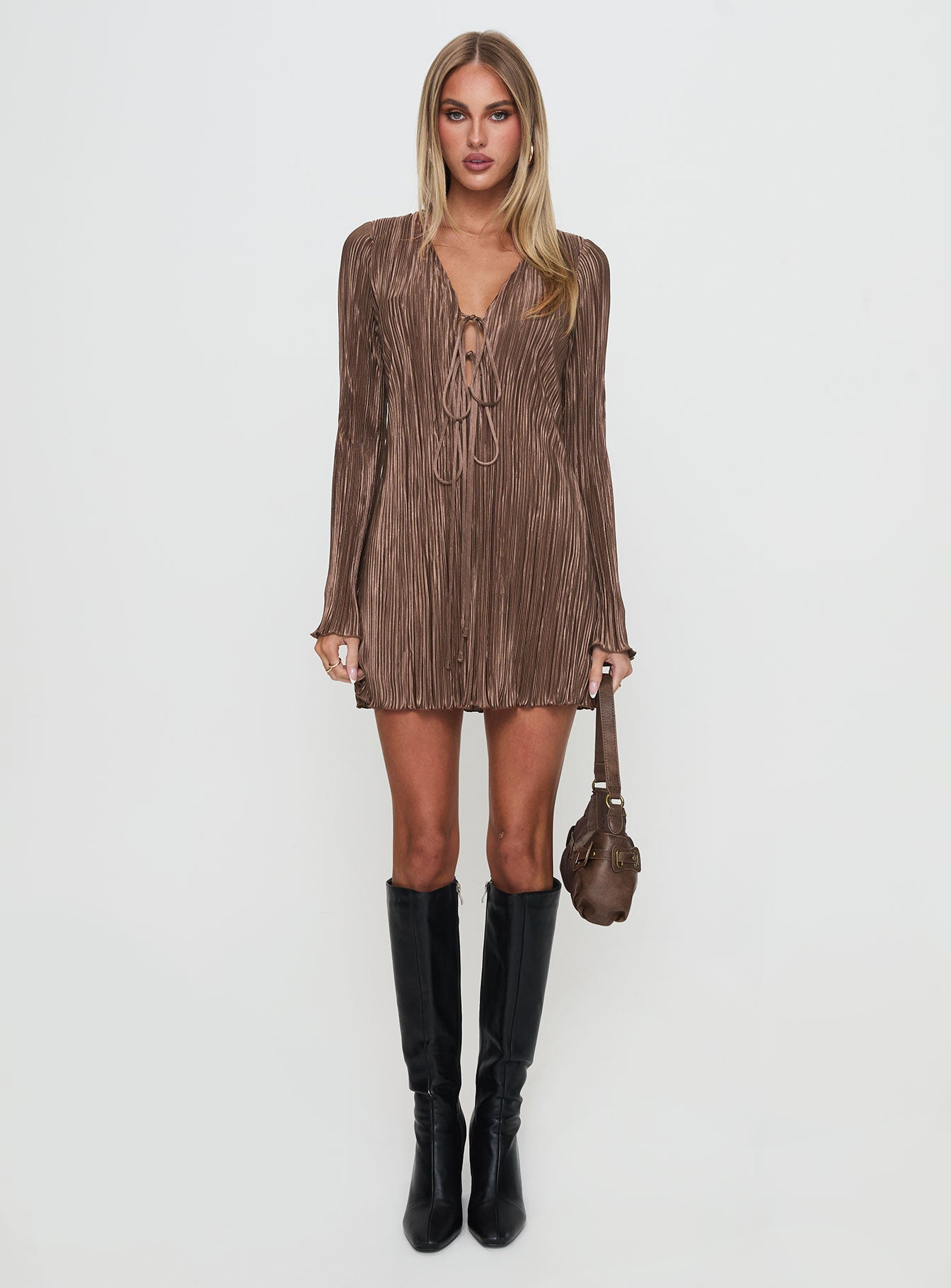 Malop Long Sleeve Mini Dress Chocolate-Oh Mollys