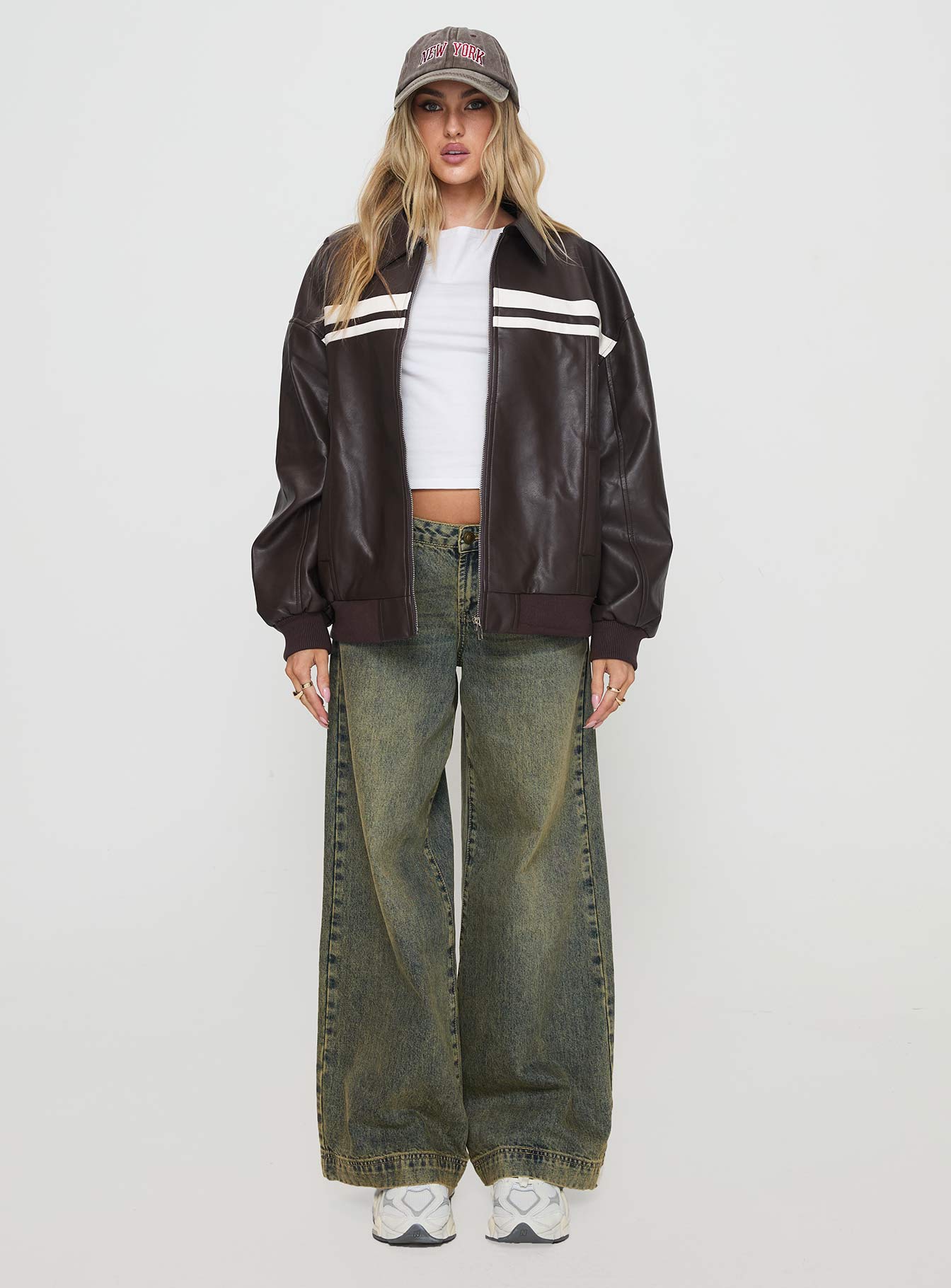 Goldsmith Faux Leather Bomber Jacket Chocolate / White-Oh Mollys