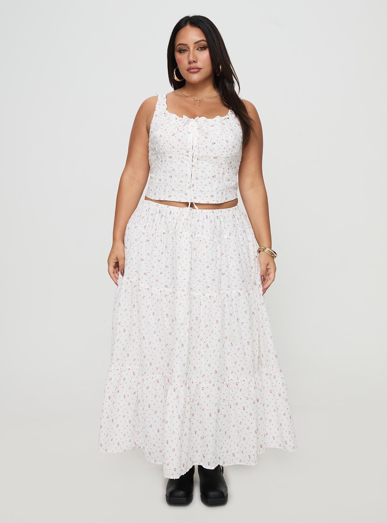 Cherry On Top Maxi Skirt White Floral Curve-Oh Mollys