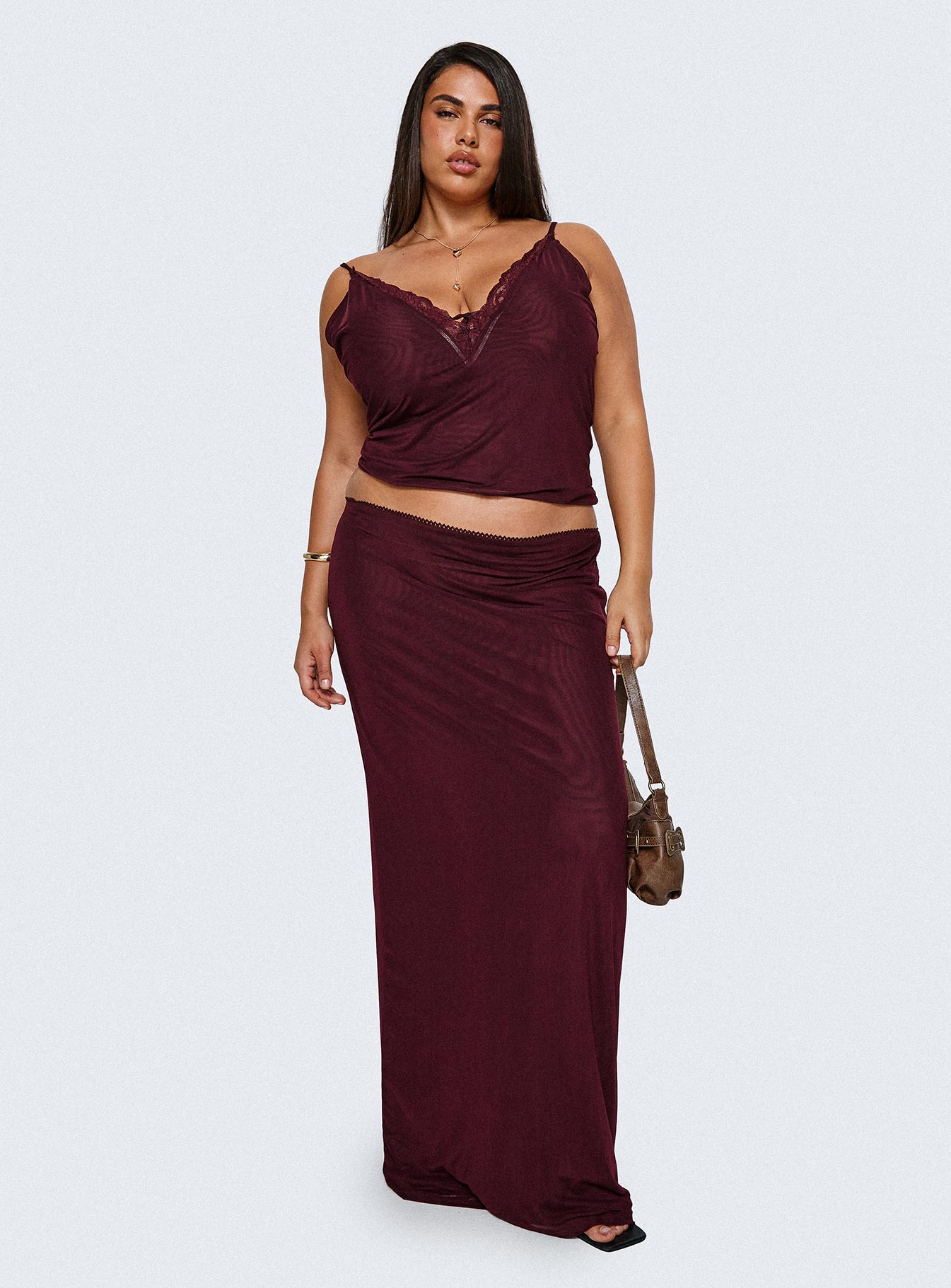 Reiko Lace Trim Tie Front Maxi Set Burgundy Curve-Oh Mollys