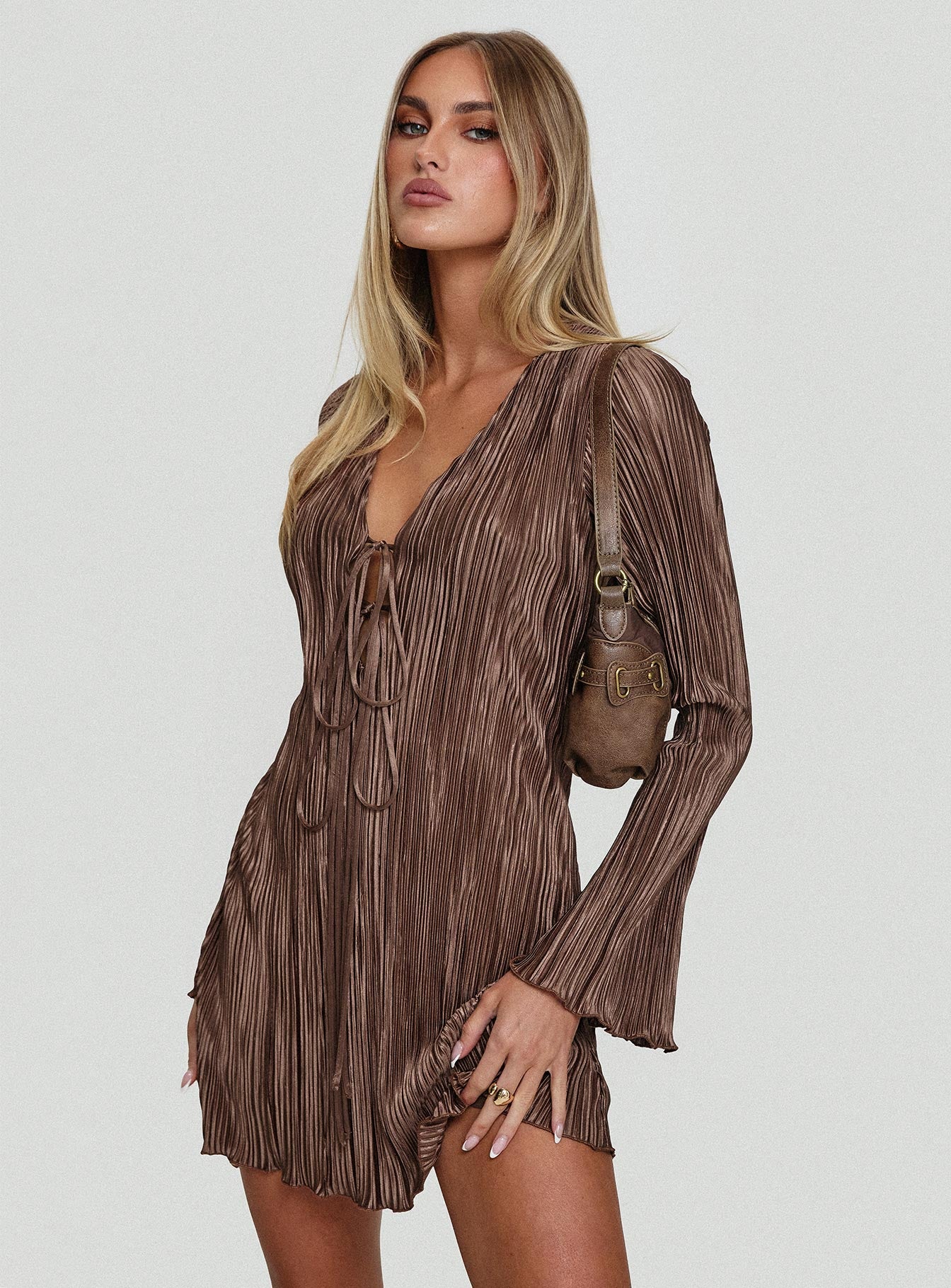 Malop Long Sleeve Mini Dress Chocolate-Oh Mollys
