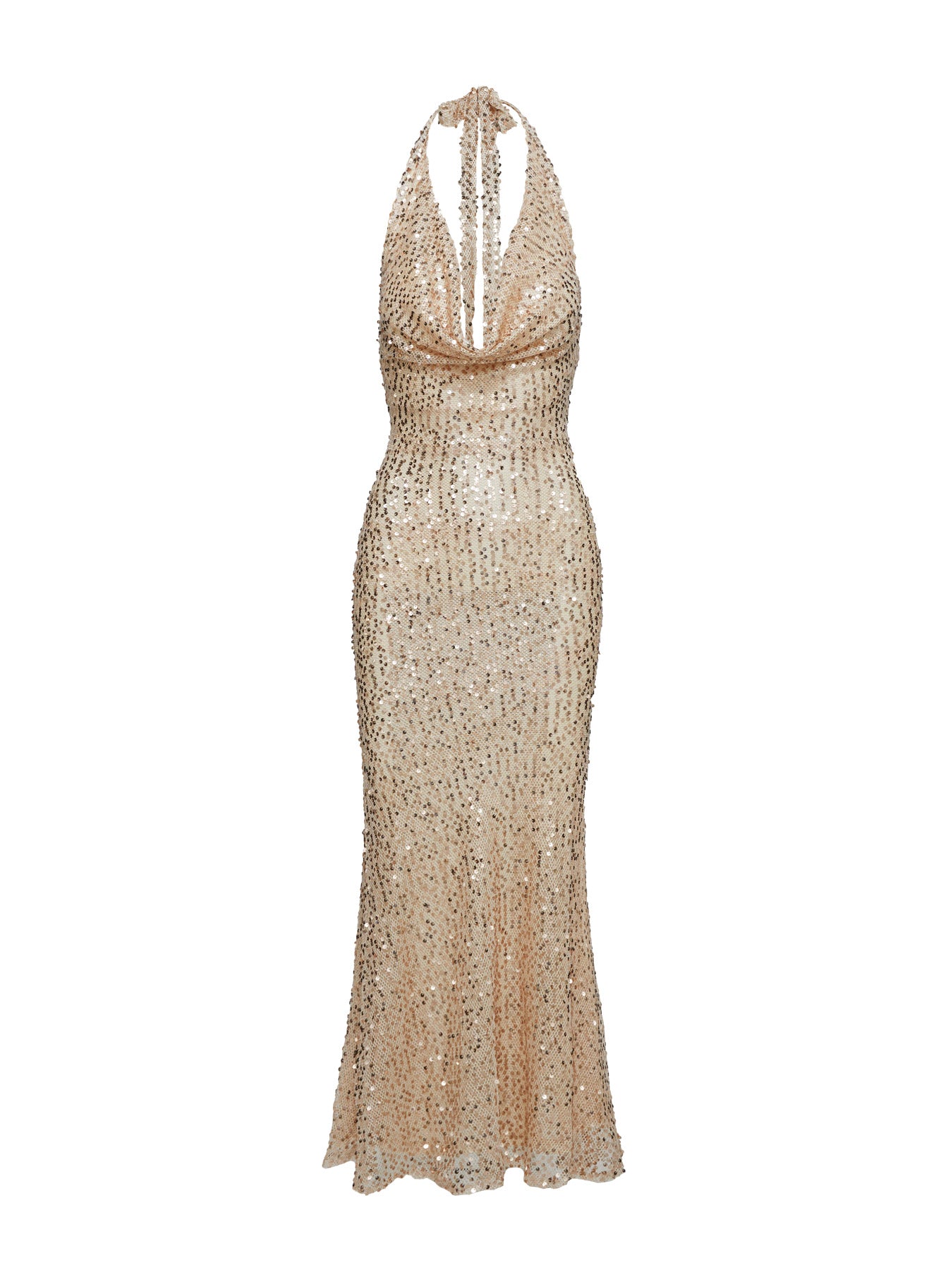 Luxurious Cowl Neck Sequin Maxi Dress Champagne-Oh Mollys