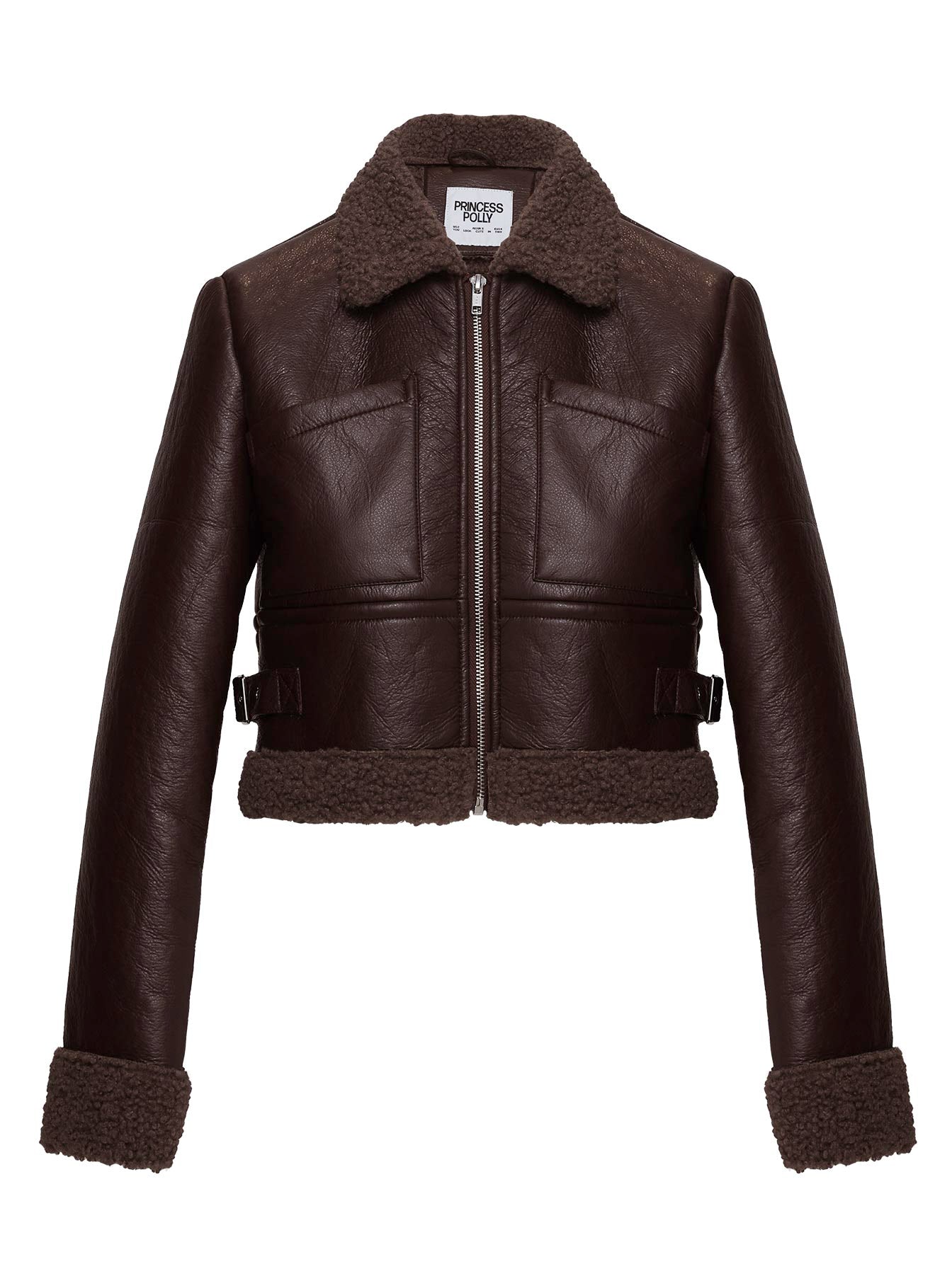 Mayella Shearling Faux Leather Jacket Brown-Oh Mollys