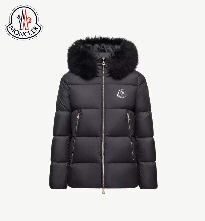 Kurze Daunenjacke mit Wollbesatz und Kapuze von Laichefur